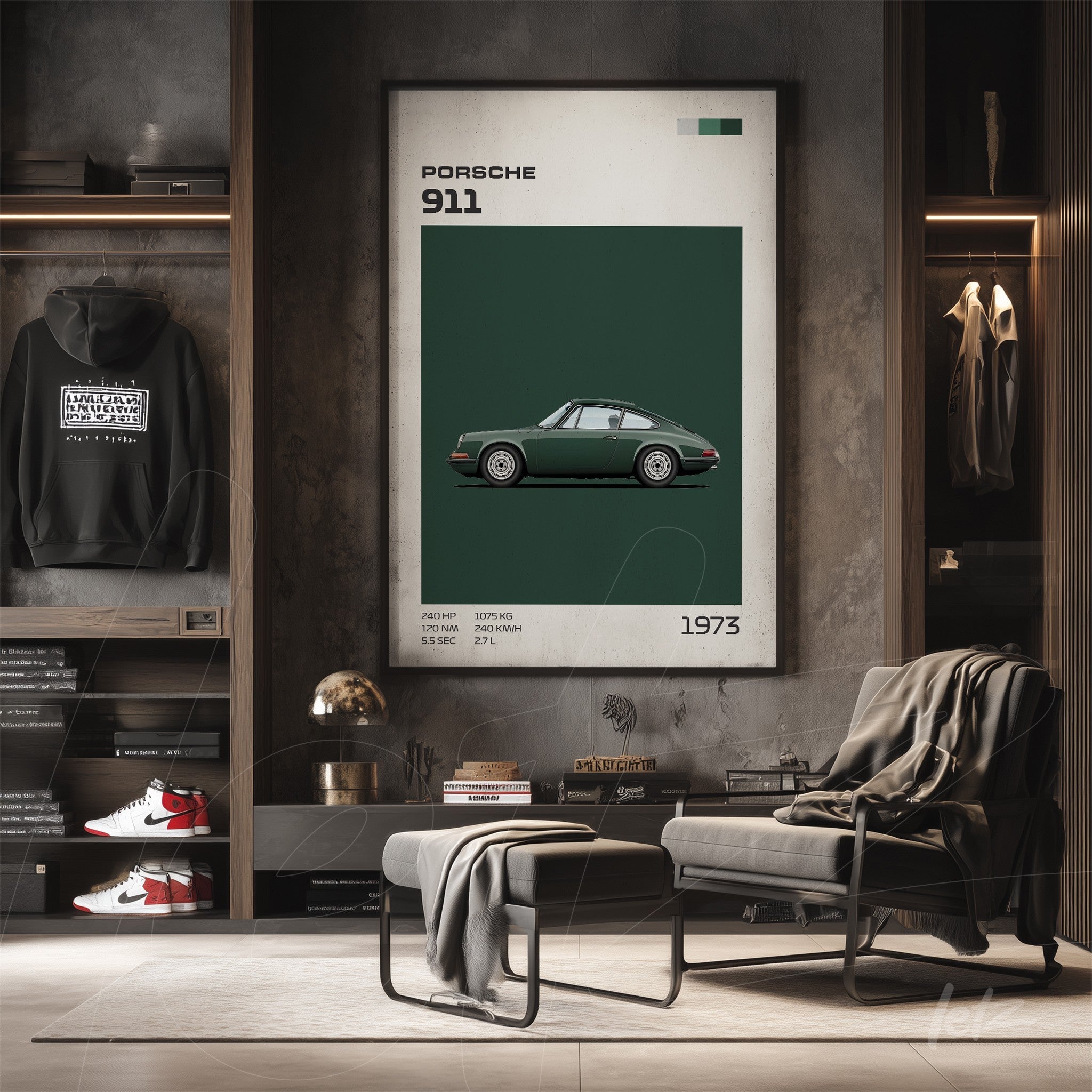 quadro com ilustração do carro Porsche 911 em fundo verde em ambiente moderno com móveis minimalistas