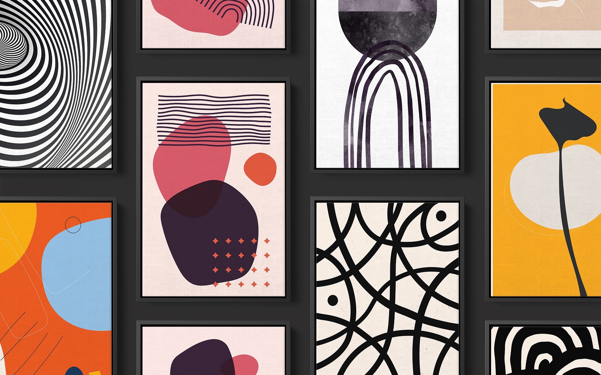 coleção de quadros com arte abstrata em molduras pretas, apresentando formas coloridas e padrões variados em um fundo escuro