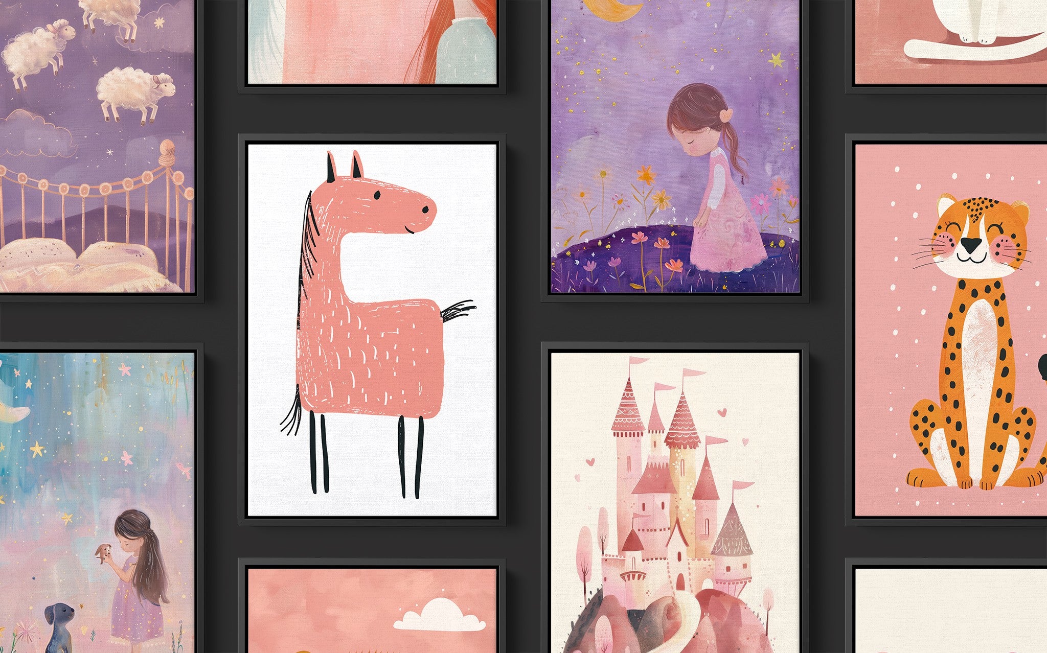 coleção de ilustrações infantis coloridas, com temas de fantasia e animais, dispostas em uma composição rica em molduras escuras