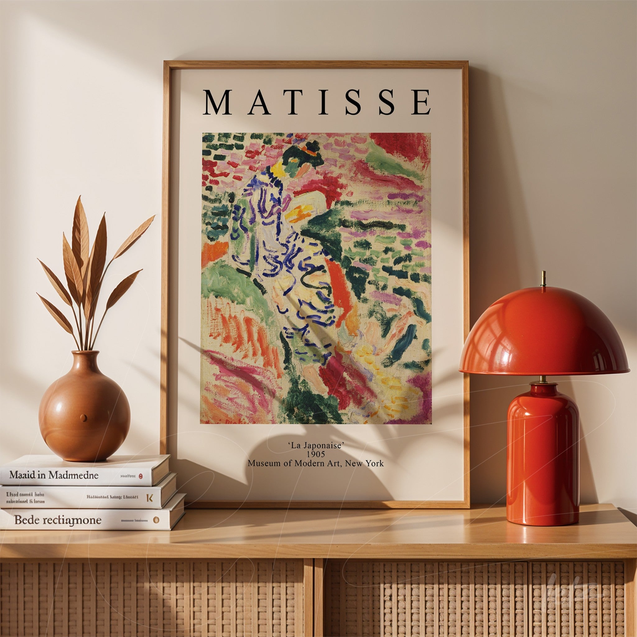 framed artwork by Matisse titled 'La Japonais' displayed on a minimalist shelf with a wooden lamp and decorative vase