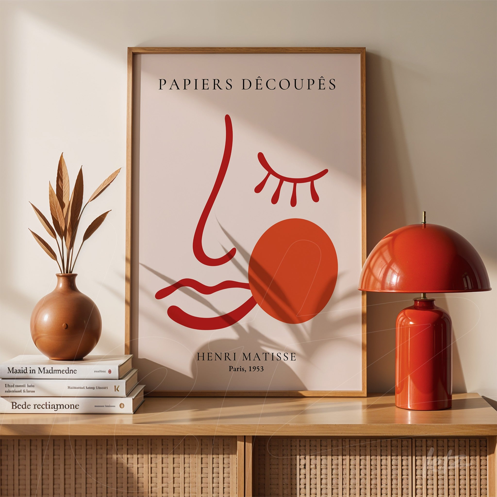 framed artwork by henri matisse featuring simple line art of a face in a minimalist style with an orange circle beside it