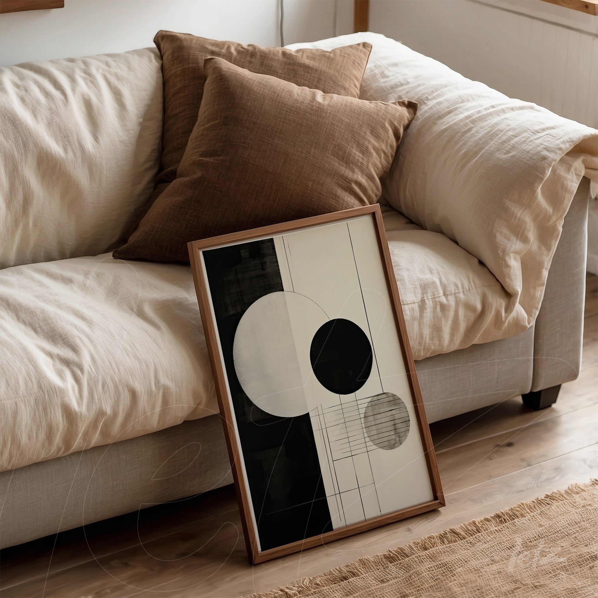 decorative wall art featuring geometric black and white design in light wood frame leaning against a sofa with cushions