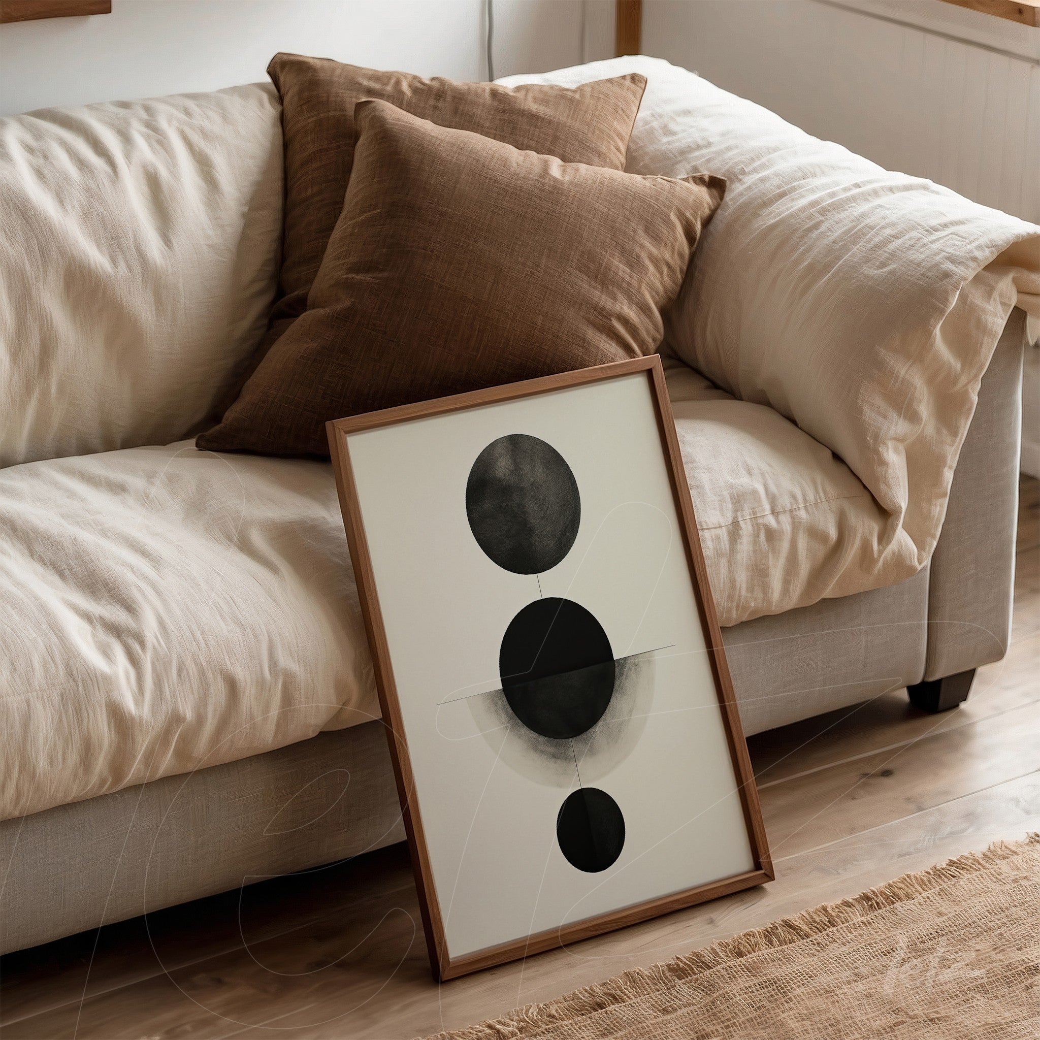 art piece featuring circles in black and gray tones leaning against a light sofa with brown cushions