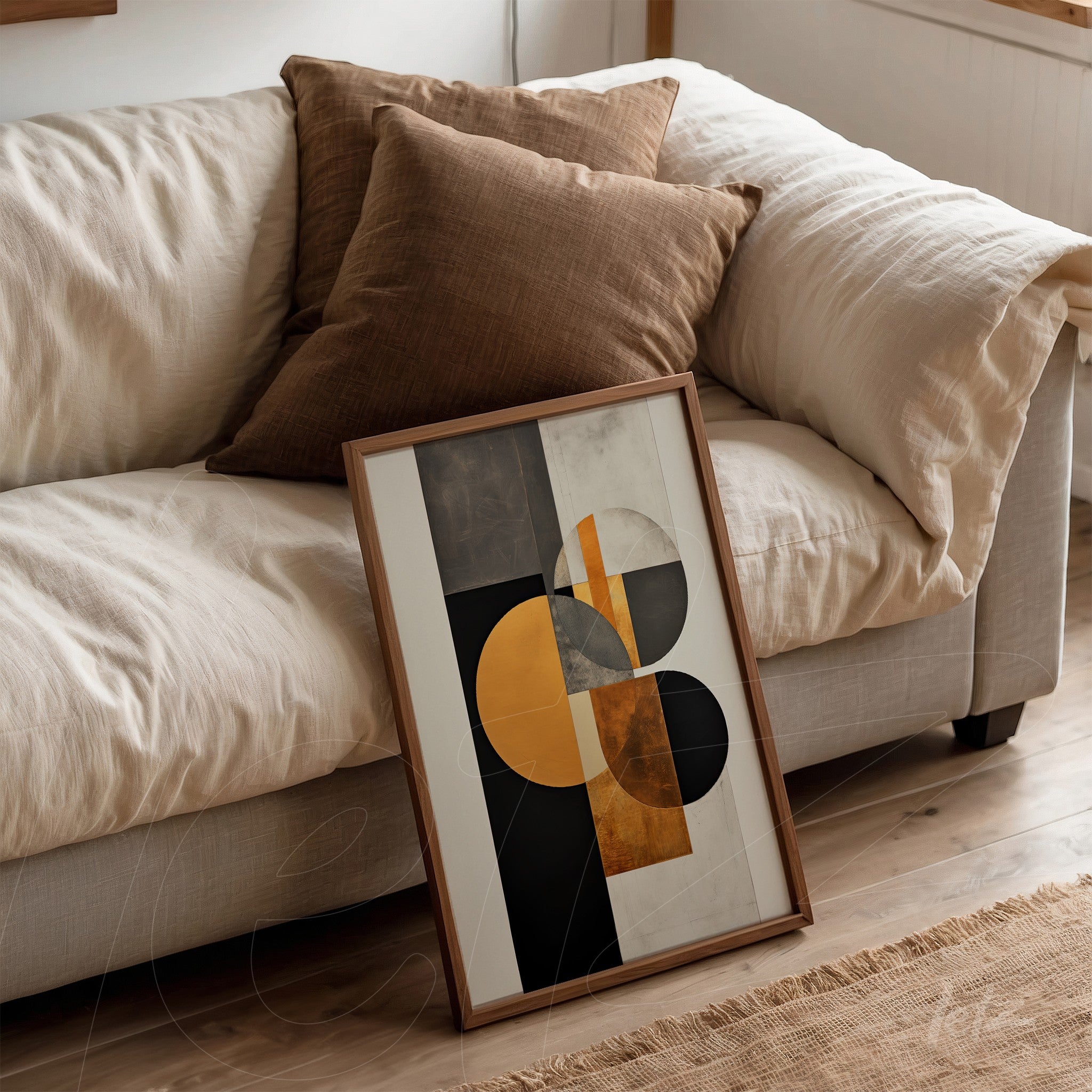 framed abstract art in shades of black, orange, and gold featuring circular shapes with a light wood frame