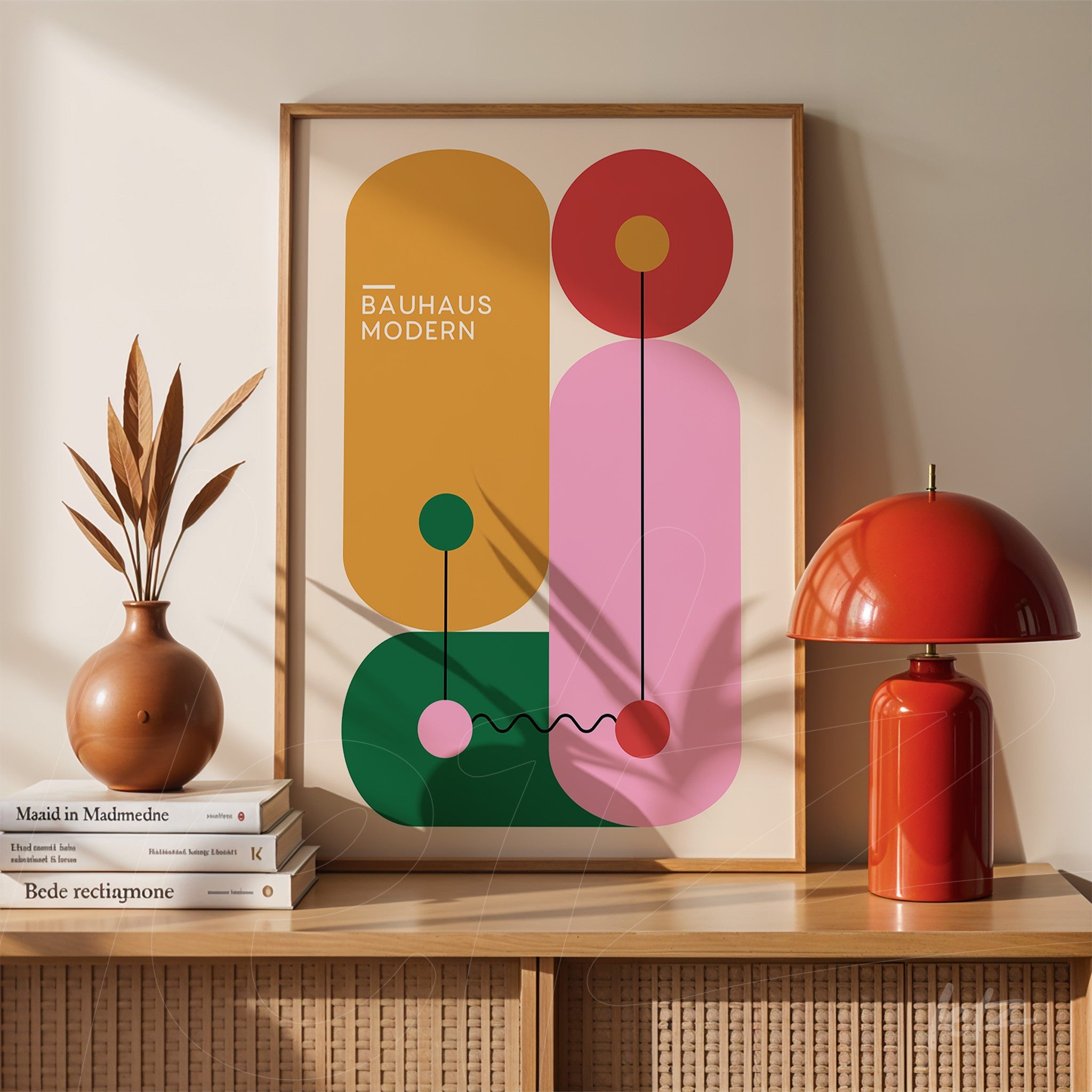 modern bauhaus style framed art with vibrant geometric shapes in a natural frame placed on a wooden surface next to a red lamp and decorative vase