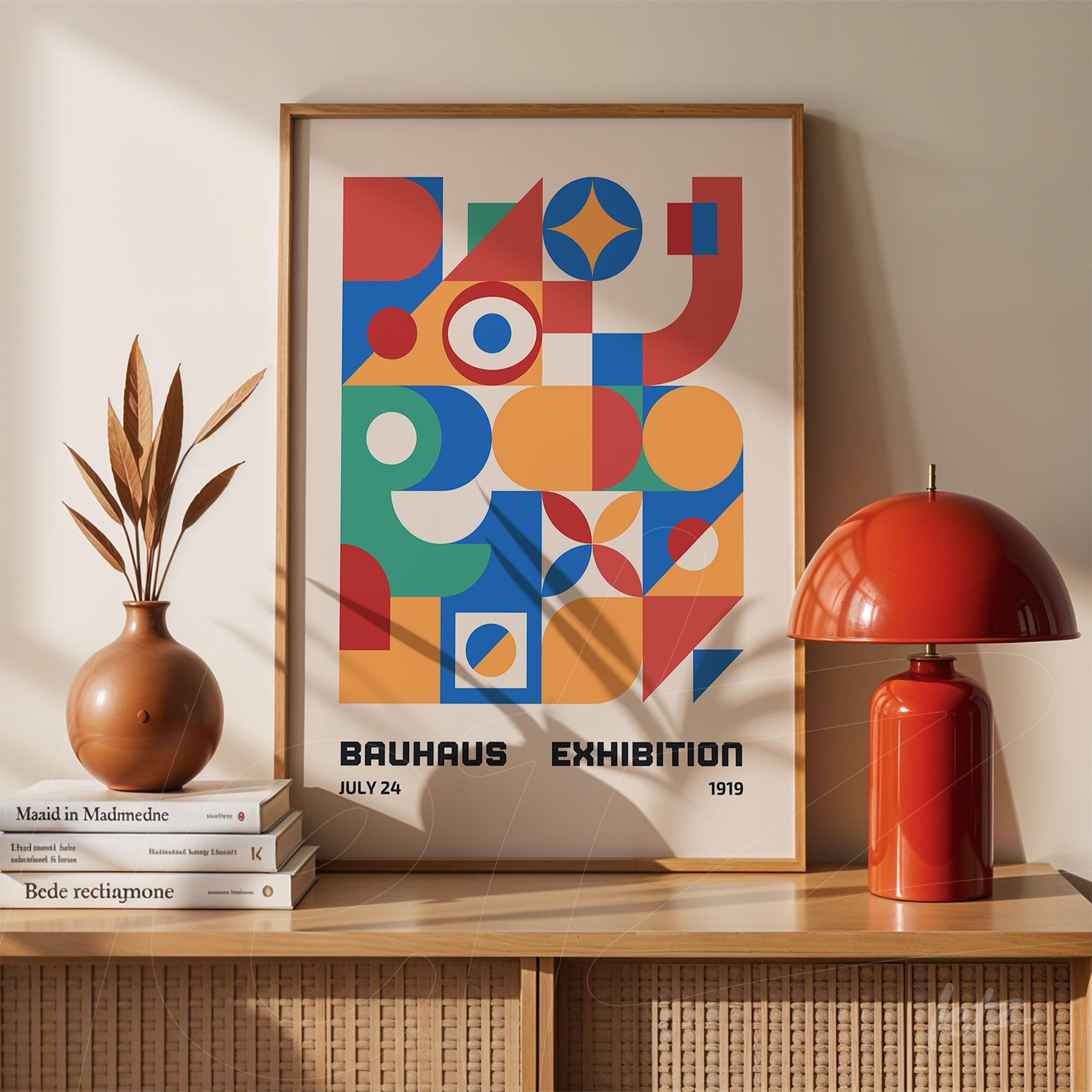 colorful printed poster with abstract geometric shapes in a light wood frame on a sideboard with a vase and lamp