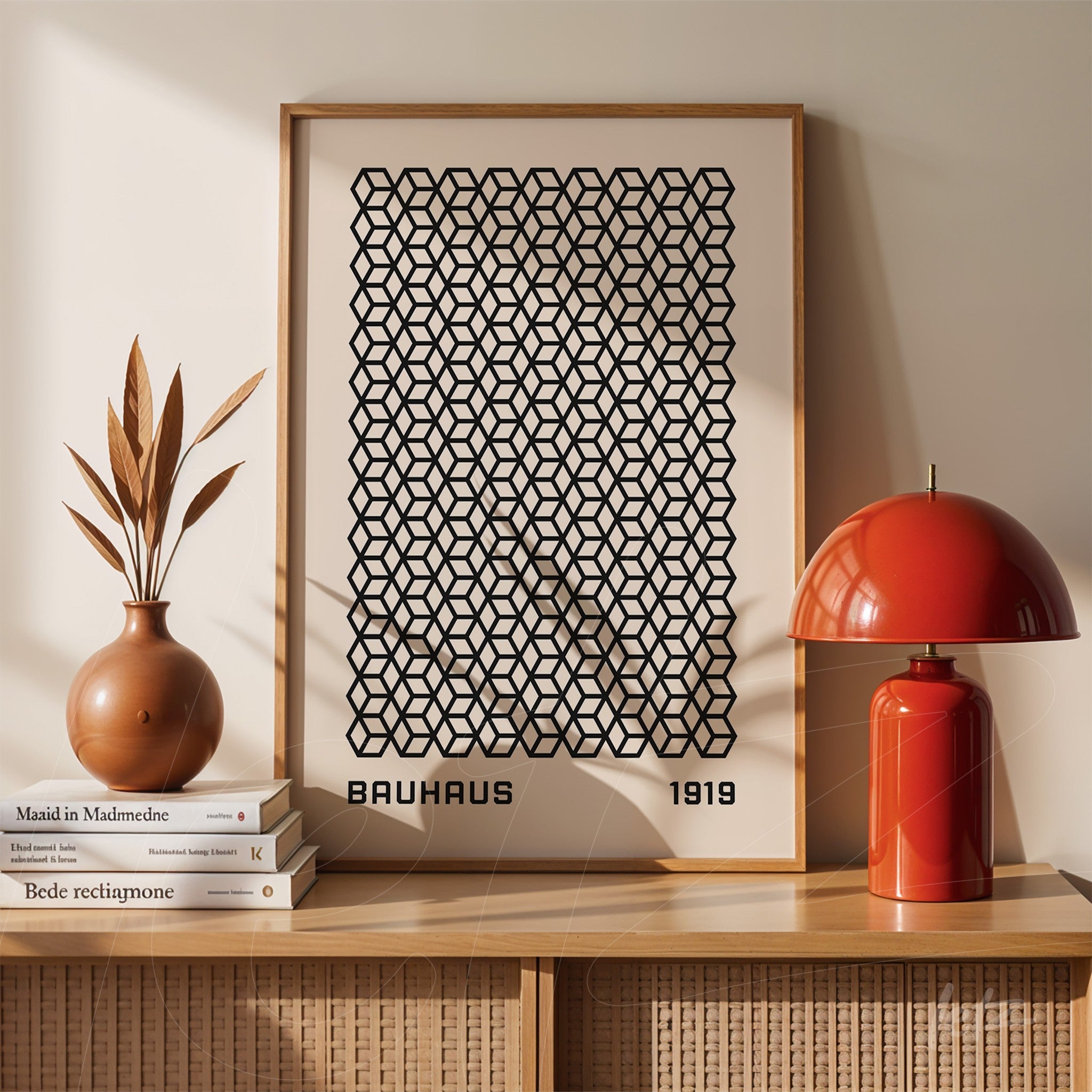 minimalist poster with geometric pattern in light wood frame, placed on wooden cabinet next to ceramic vase and red lamp
