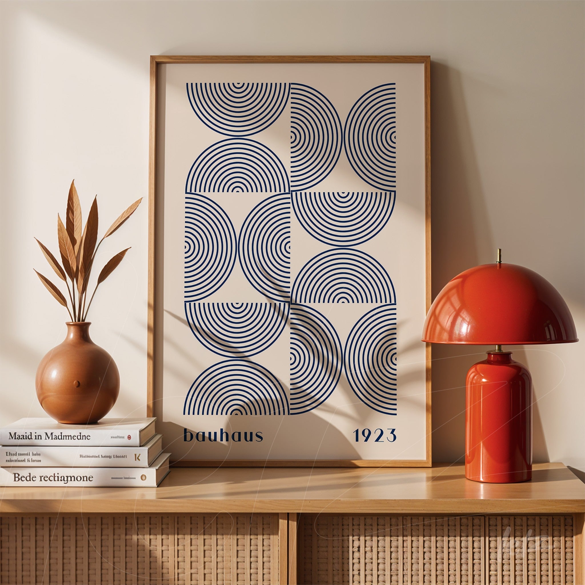 poster print featuring geometric bauhaus style art, displayed in light wood frame on a sideboard