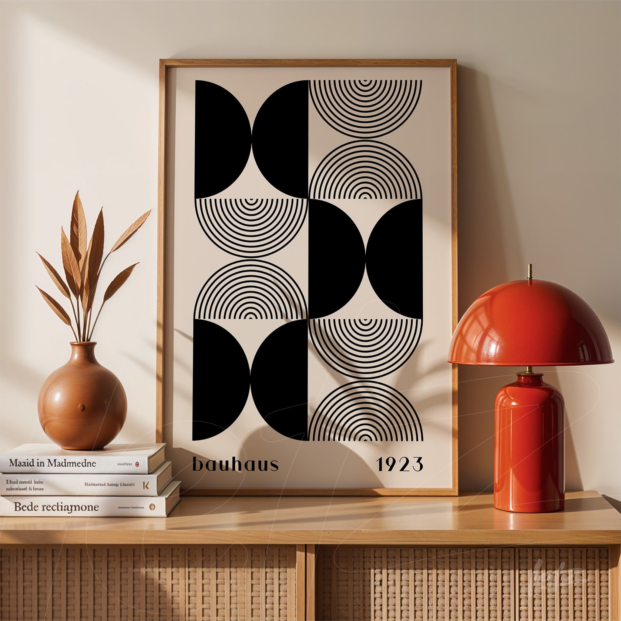 poster with geometric bauhaus style design featuring black shapes on beige background, framed in wood on light wooden shelf