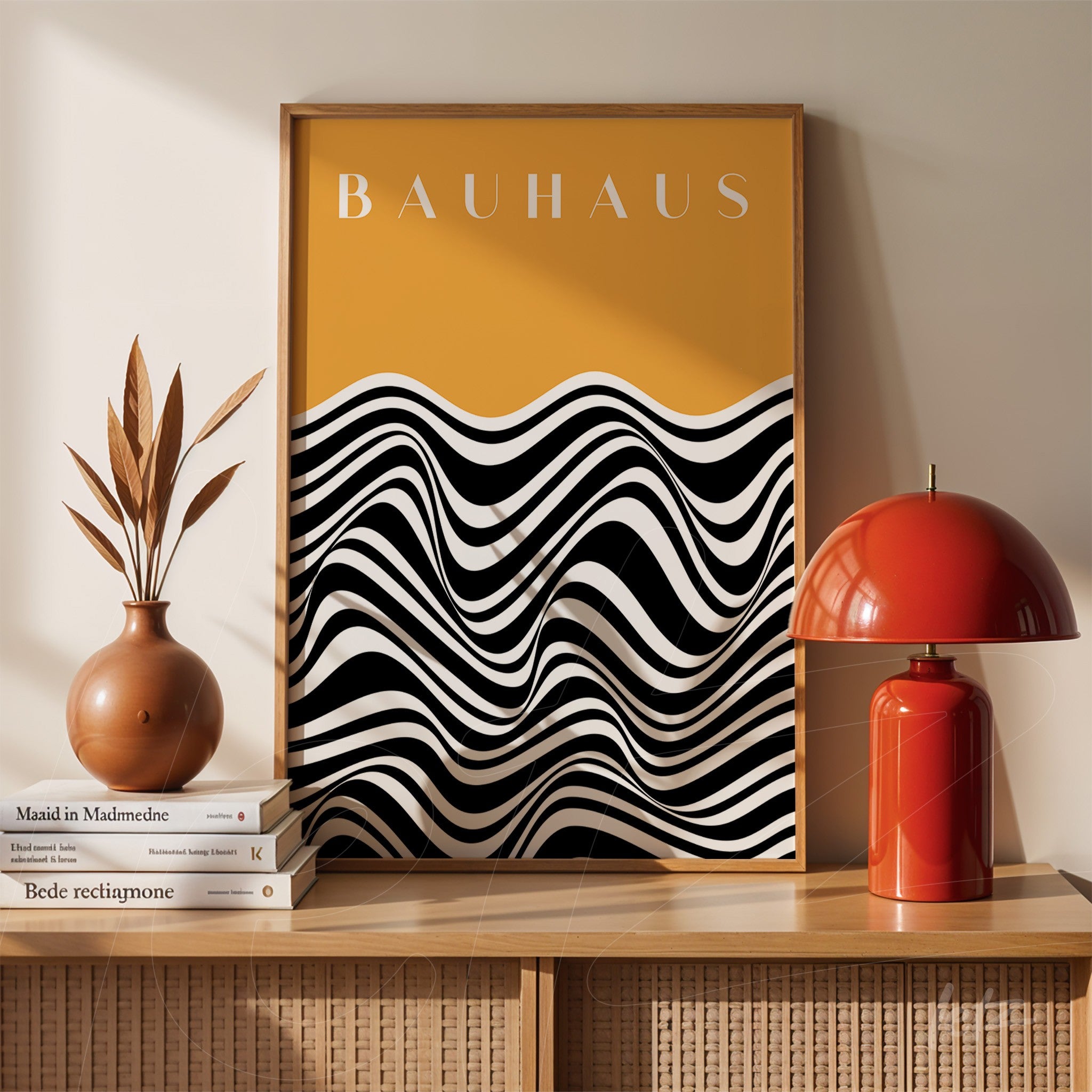 poster print featuring black and white abstract waves on a yellow background, displayed in a light wood frame