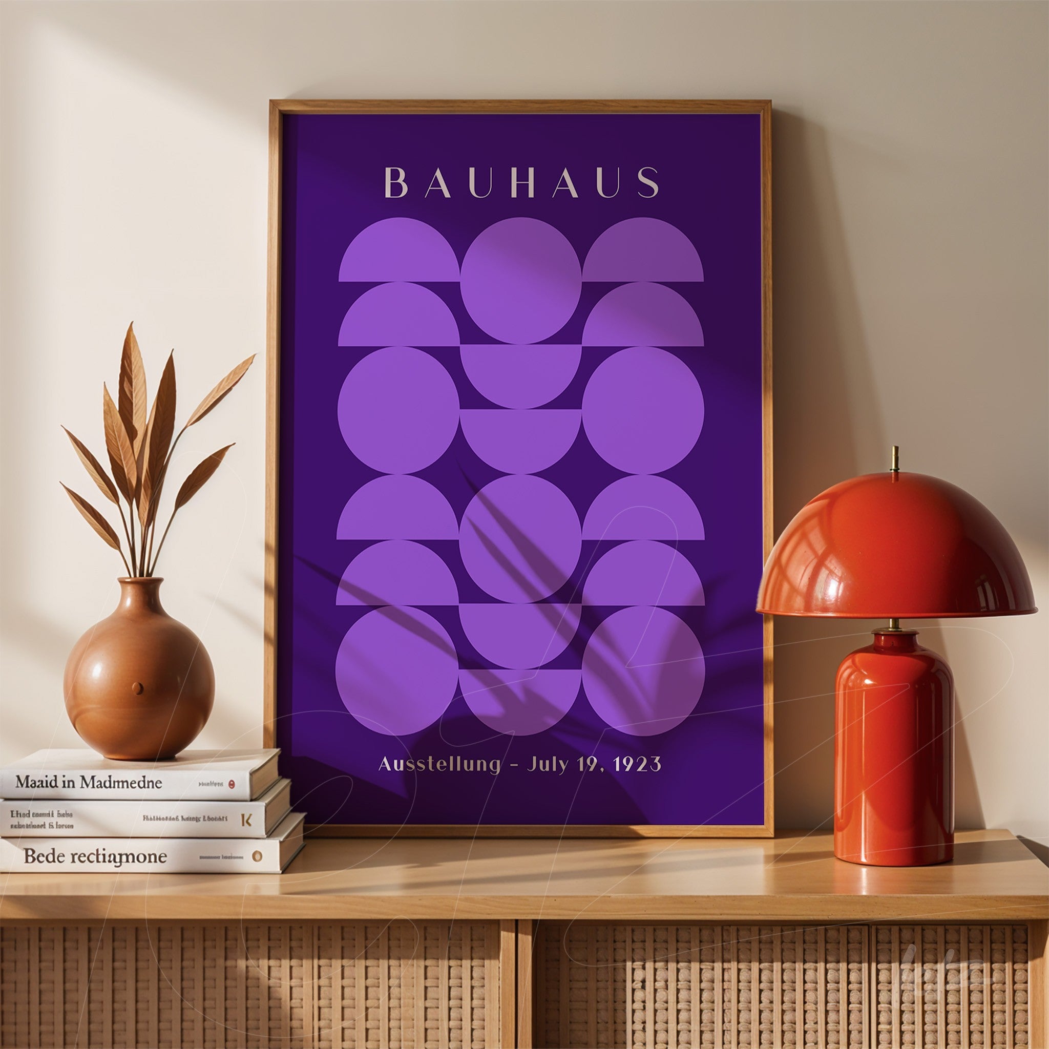 canvas with bauhaus-inspired geometric art featuring lilac semicircles on purple background and light wood frame on shelf with books and decorative vase