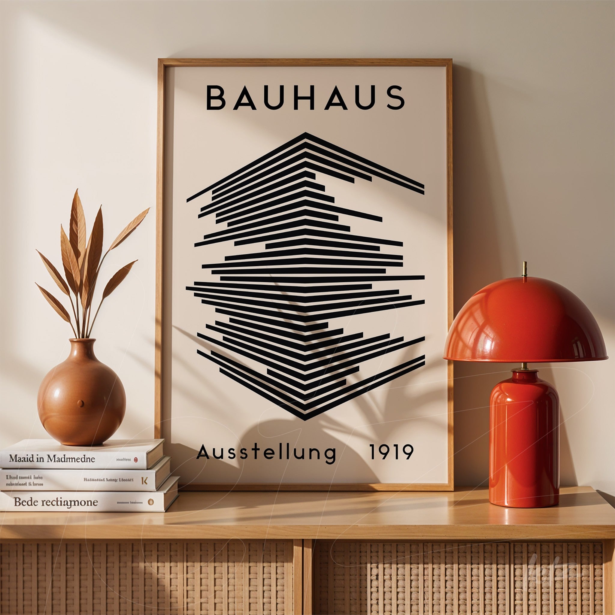 minimalist geometric art poster with 'bauhaus ausstellung 1919' text in a light wood frame placed on wooden furniture next to a red lamp