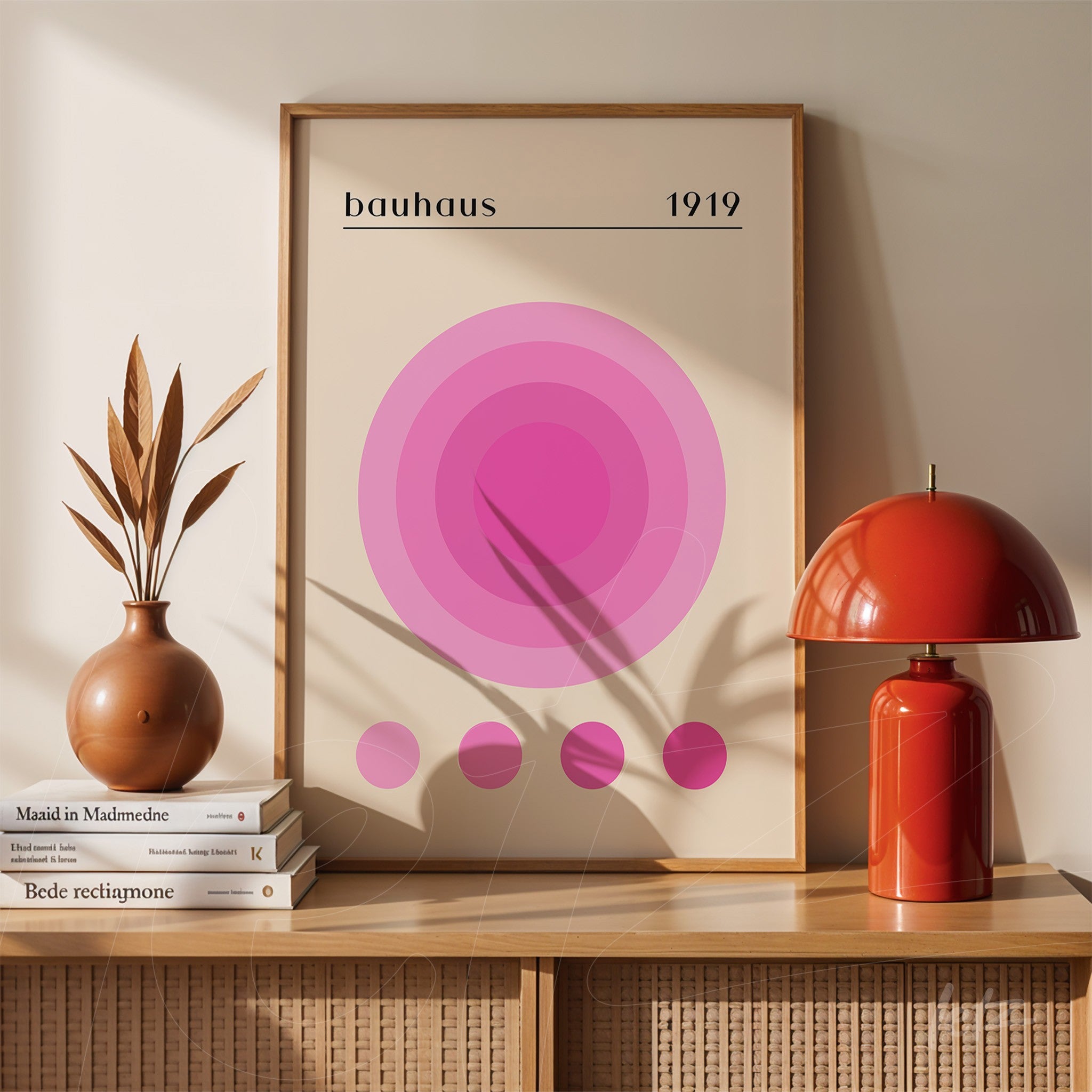 poster featuring concentric circles in shades of pink framed on a wooden cabinet next to a vase and red lamp