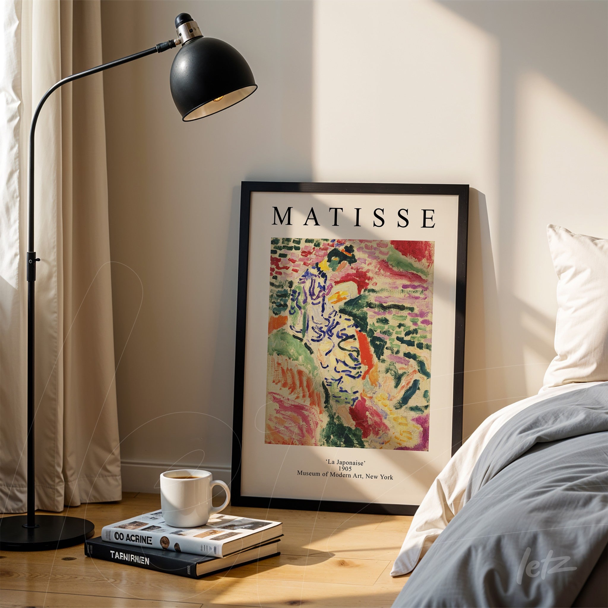 framed art inspired by matisse titled 'la japonaise' leaning next to a modern lamp