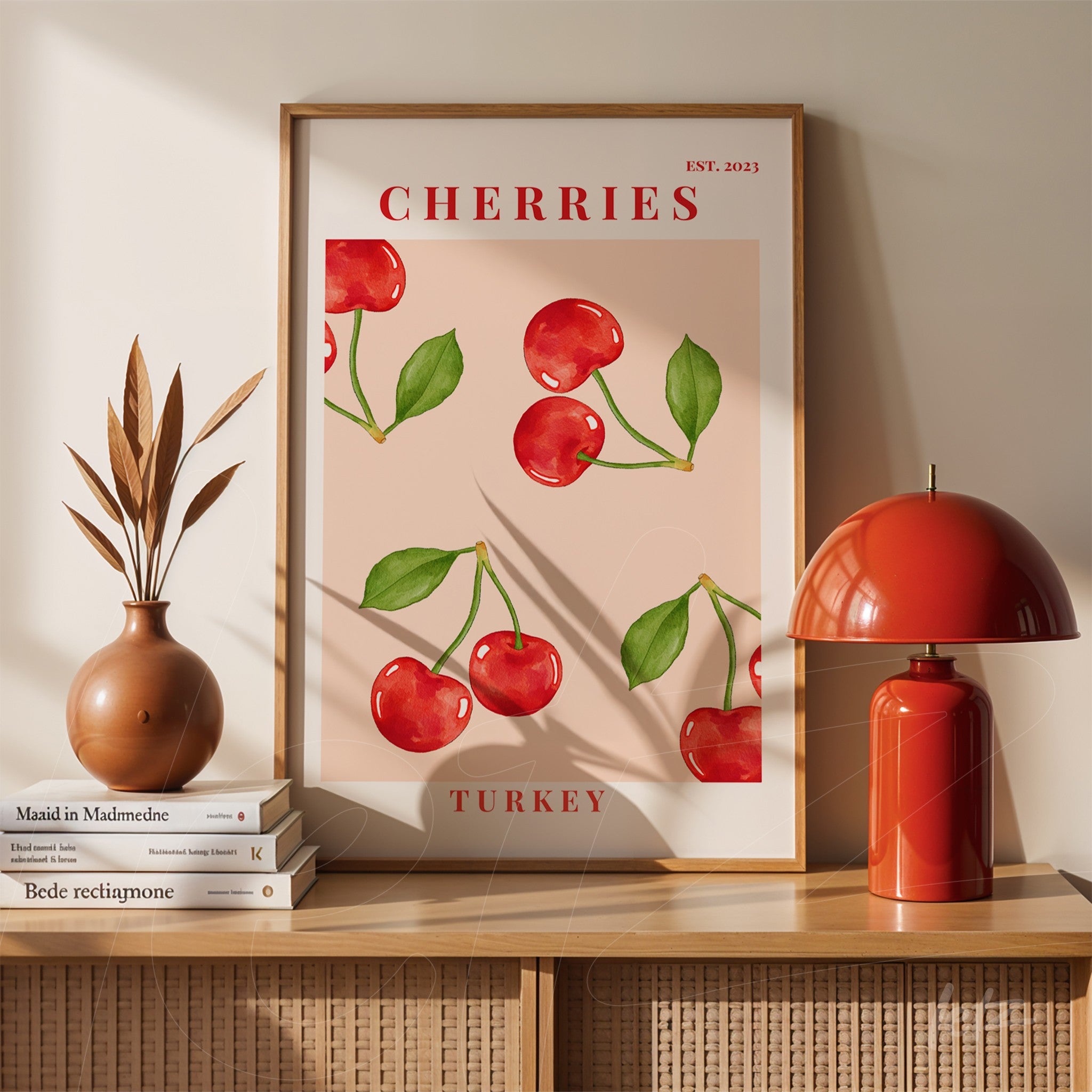 framed art featuring bright red cherries on a light pink background with a light wood frame