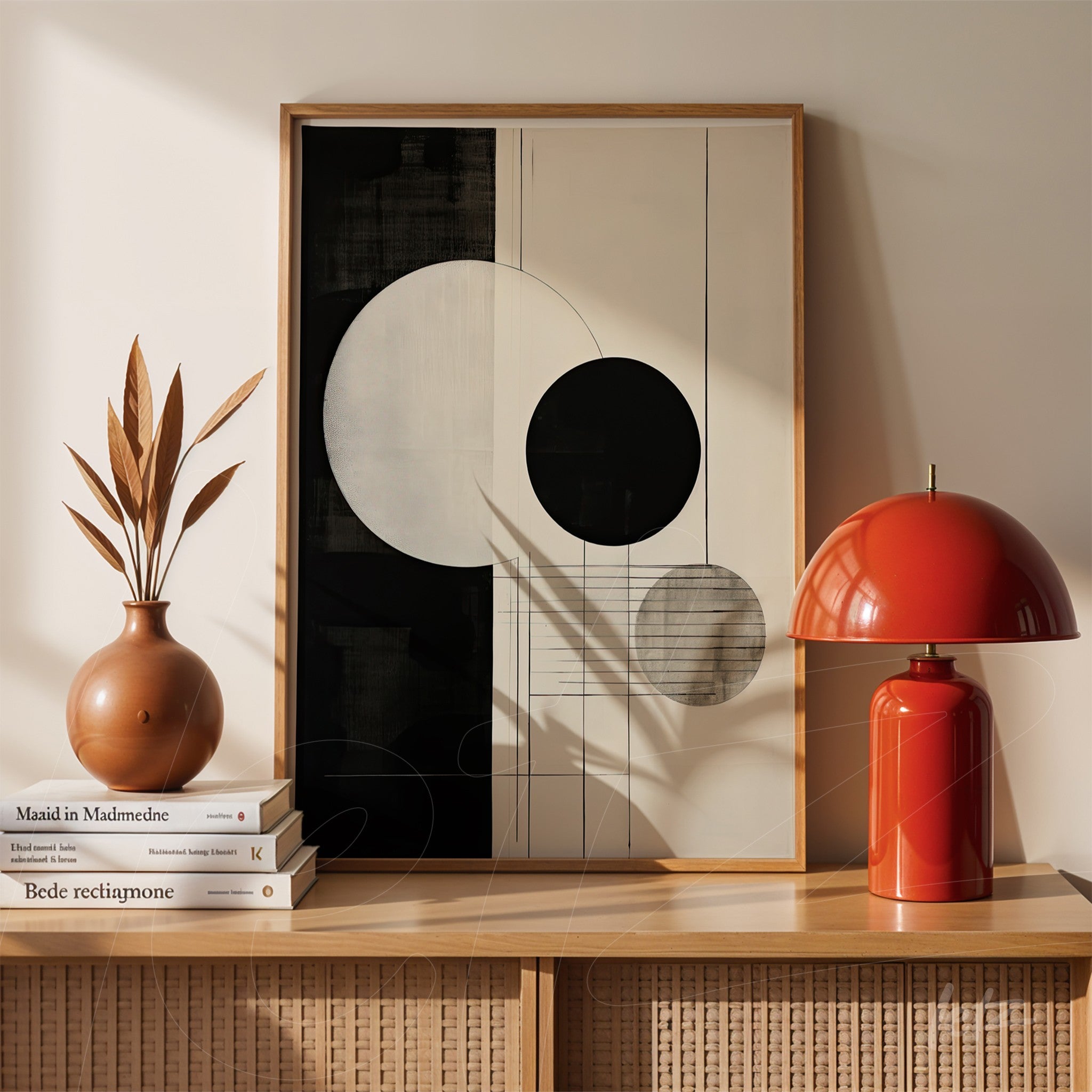 abstract wall art in black and white featuring geometric shapes in light wood frame, displayed on wooden table next to a vase with dried leaves and a red lamp
