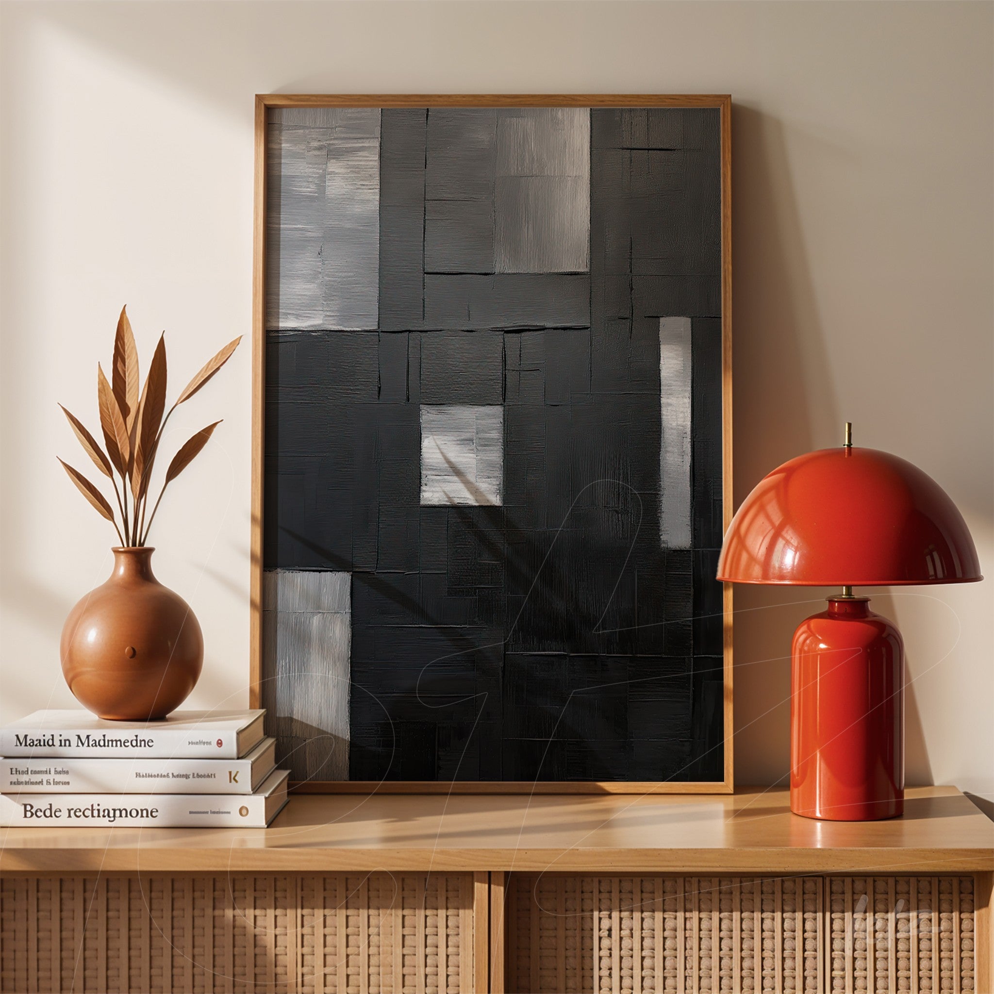 abstract artwork in shades of black and gray with light wood frame displayed on wooden table next to a ceramic vase and red lamp