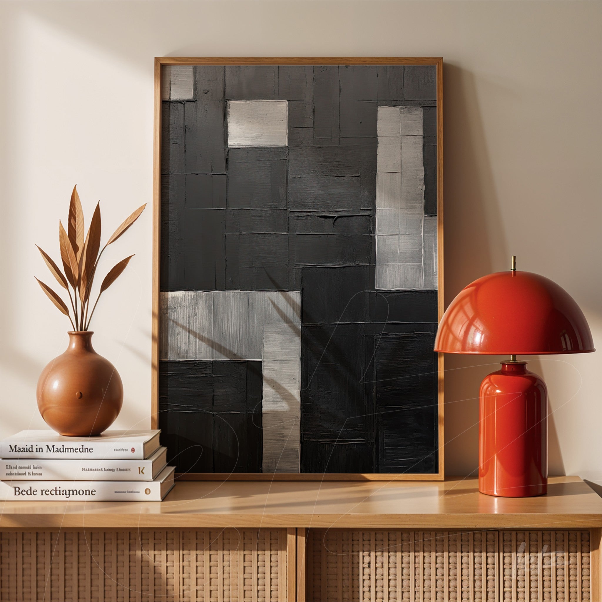abstract wall art in black and silver tones in light wood frame displayed on wooden shelf with decorative vase