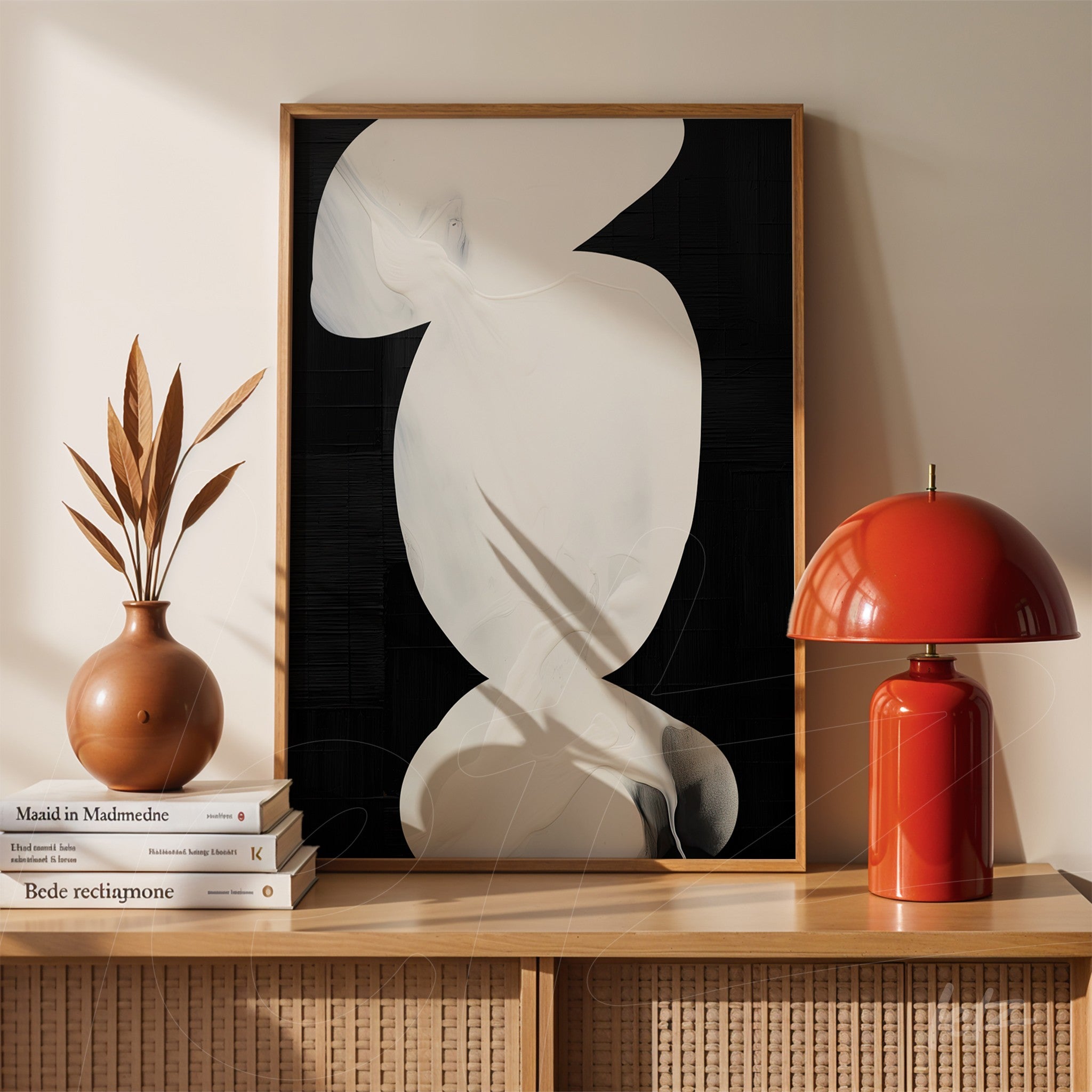 abstract wall art in black background with white shapes framed in light wood, displayed with a vase and a lamp on a wooden table