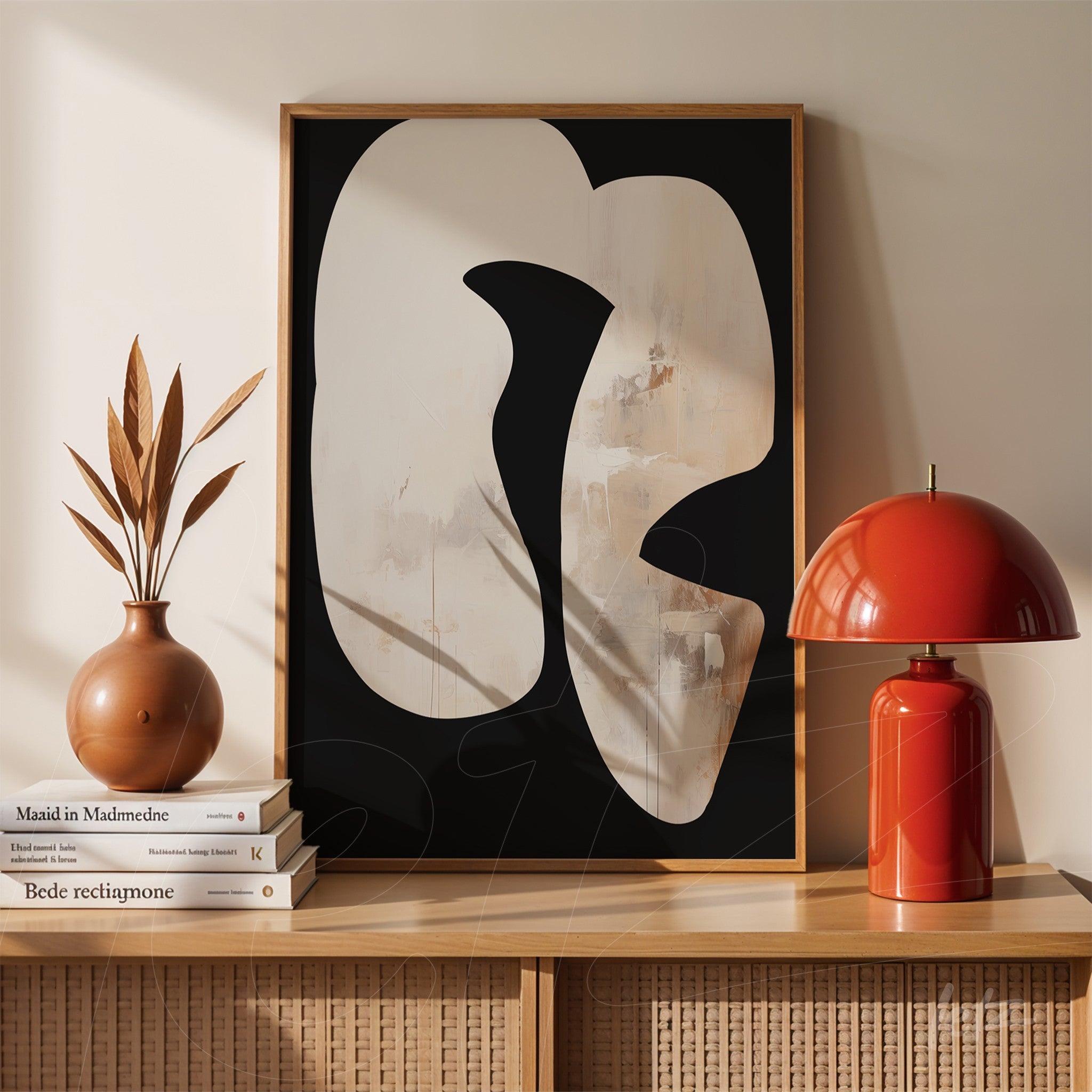 abstract art piece in light wood frame with black background displayed next to decorative vase and red lamp on wooden table