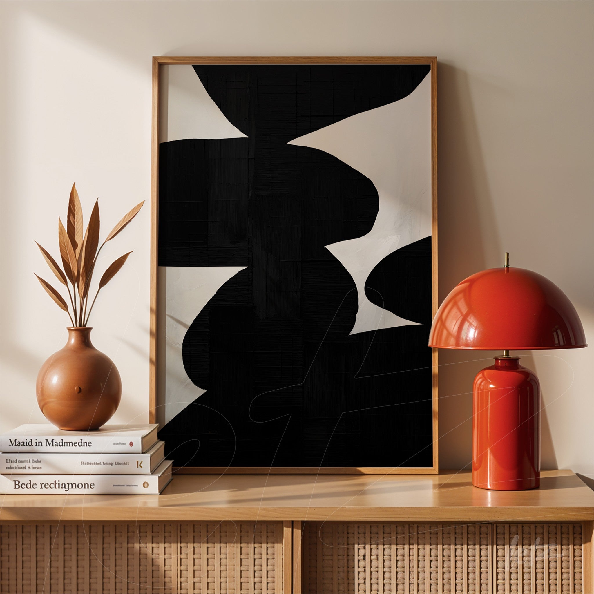 abstract wall art in light wood frame featuring geometric black and white shapes displayed on a shelf next to a ceramic vase and red lamp