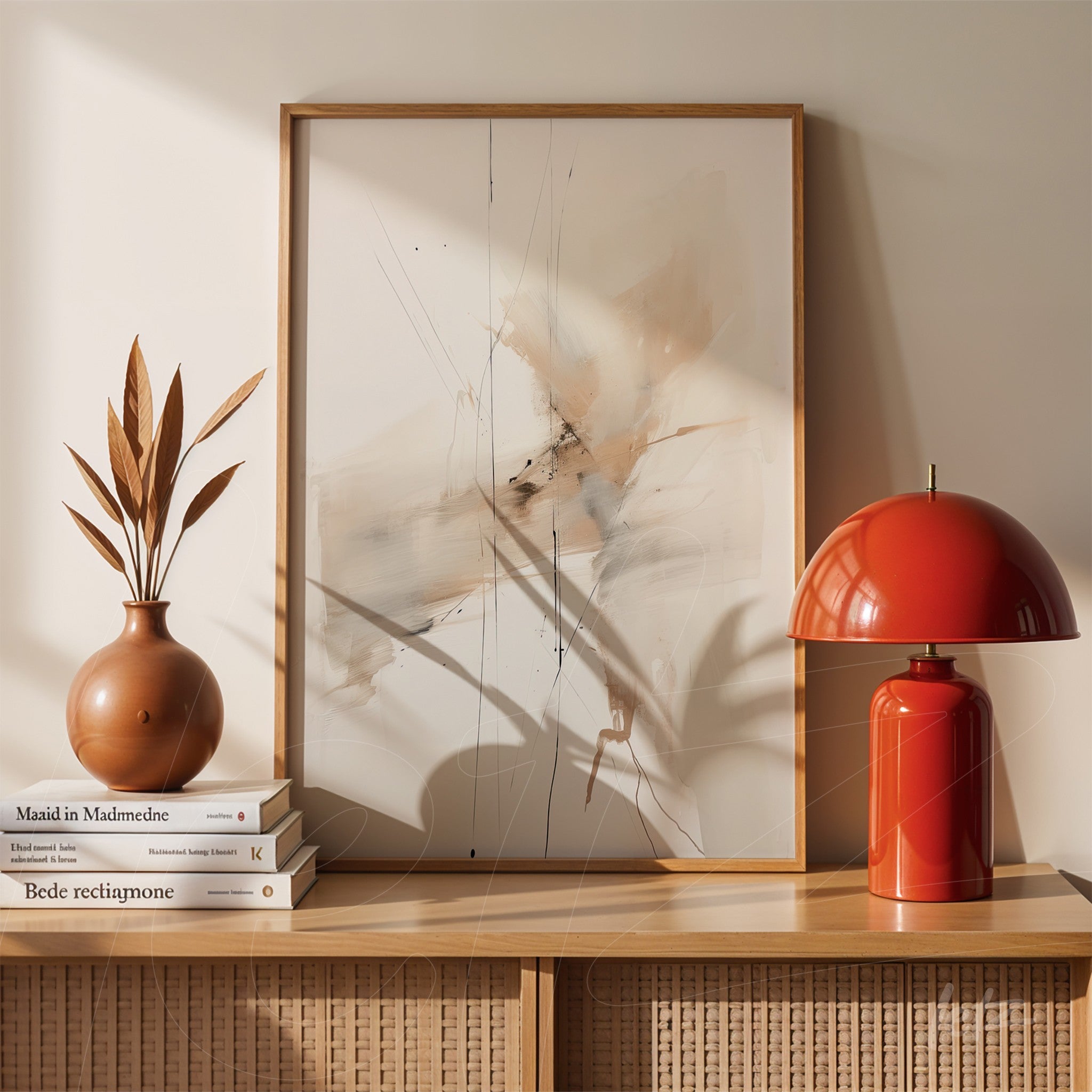 framed art piece in light wood showcasing abstract design in beige and brown tones, displayed on wooden table next to a vase with dried leaves and a red lamp