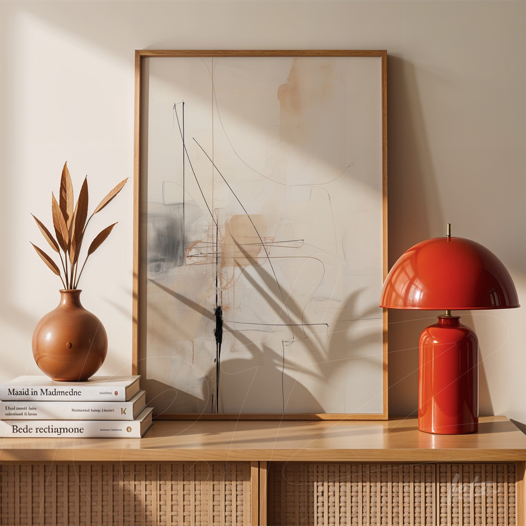 abstract artwork featuring fine lines in neutral tones displayed on a light wood table with a ceramic vase and a red lamp