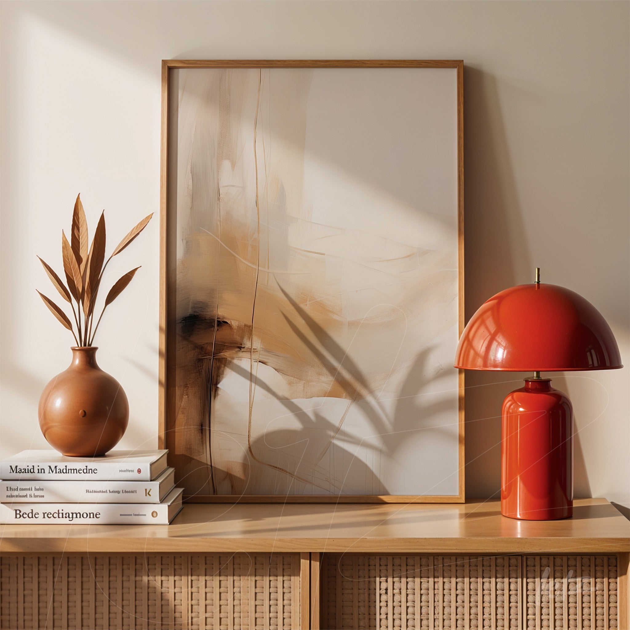 abstract wall art in a light wood frame alongside a ceramic vase and red lamp on a light wood shelf