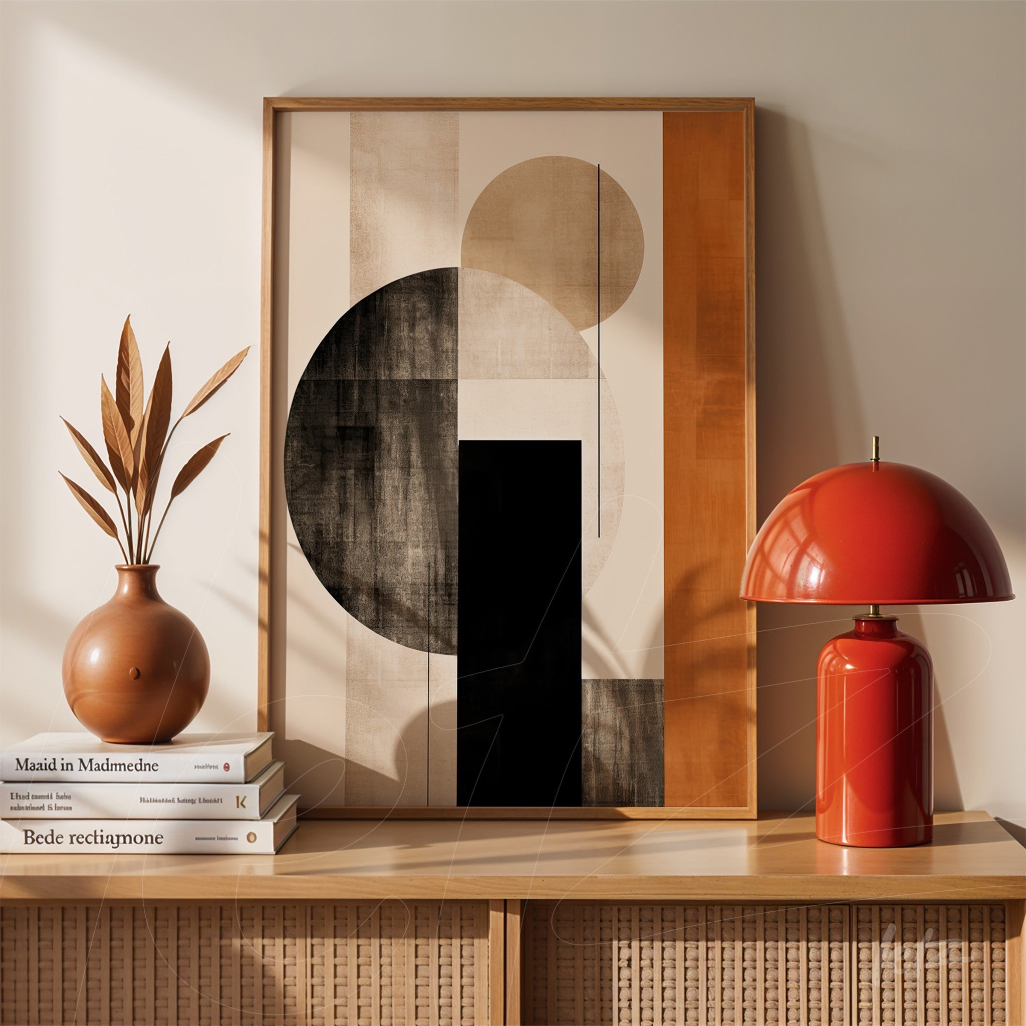 framed modern geometric art with light wood frame featuring circular shapes in neutral tones and a minimalistic composition