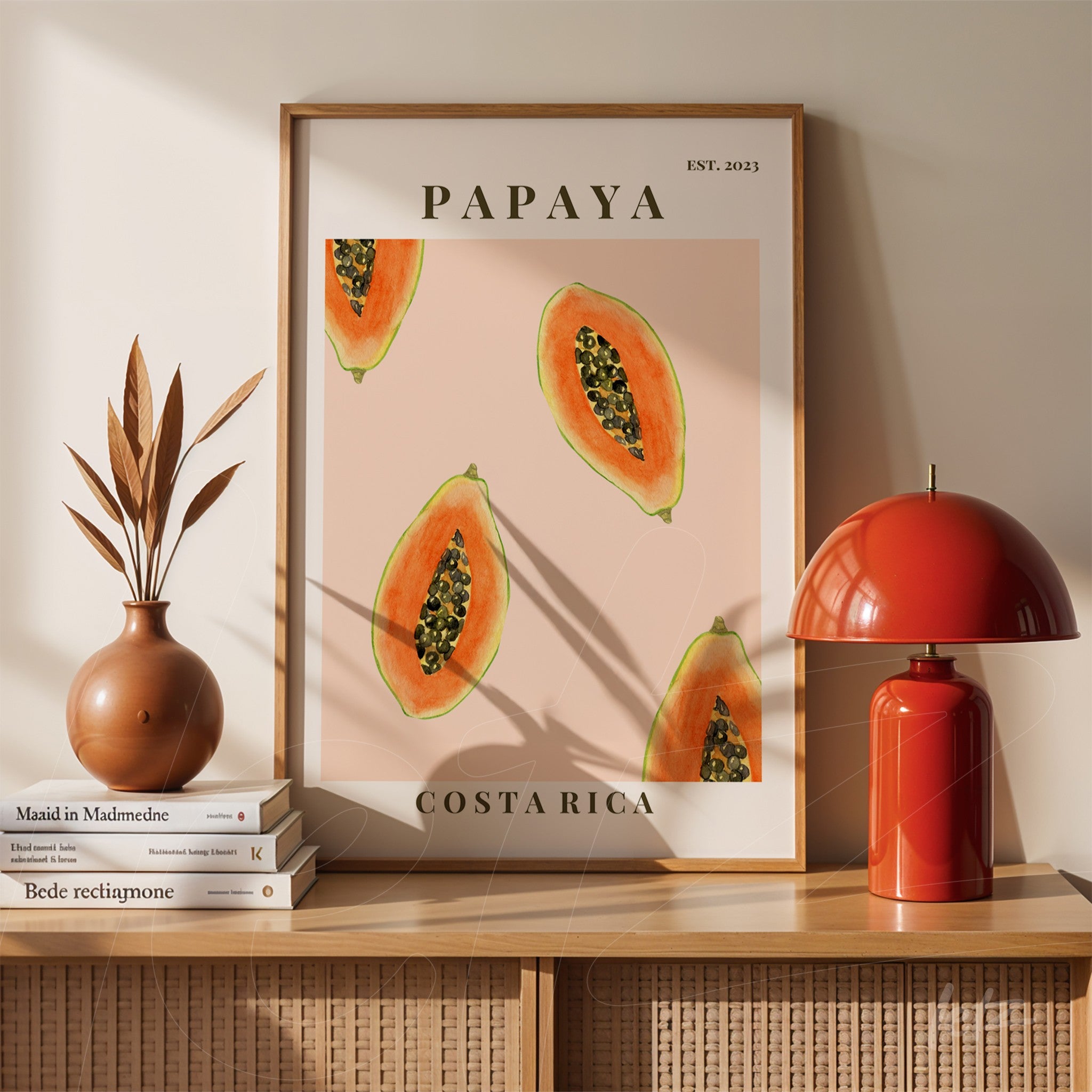 framed wall art featuring papaya illustrations on pink background with black border displayed on wooden table beside red lamp