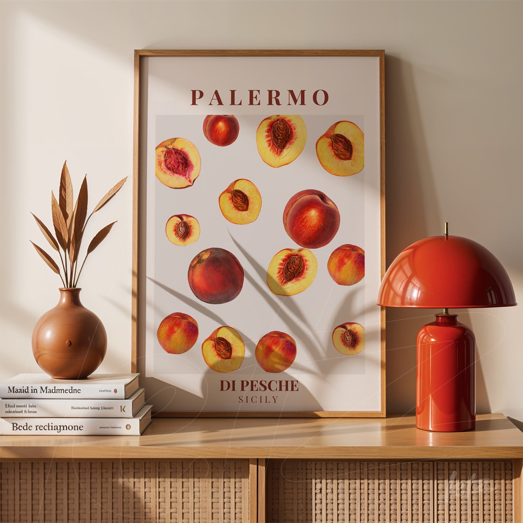 modern art print of peaches in light wooden frame displayed on wooden table