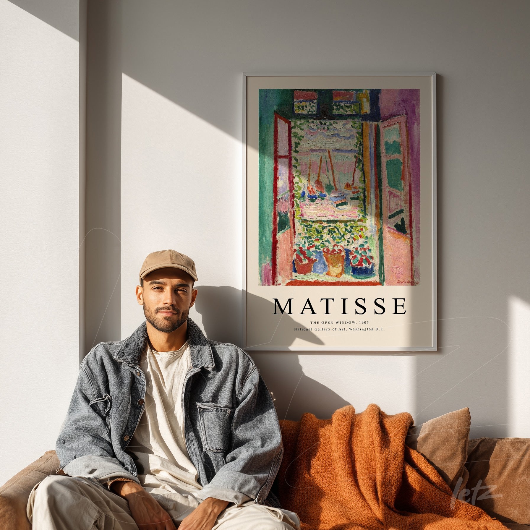 framed modern art print by Matisse showcasing an open door view of the sea in bright colors