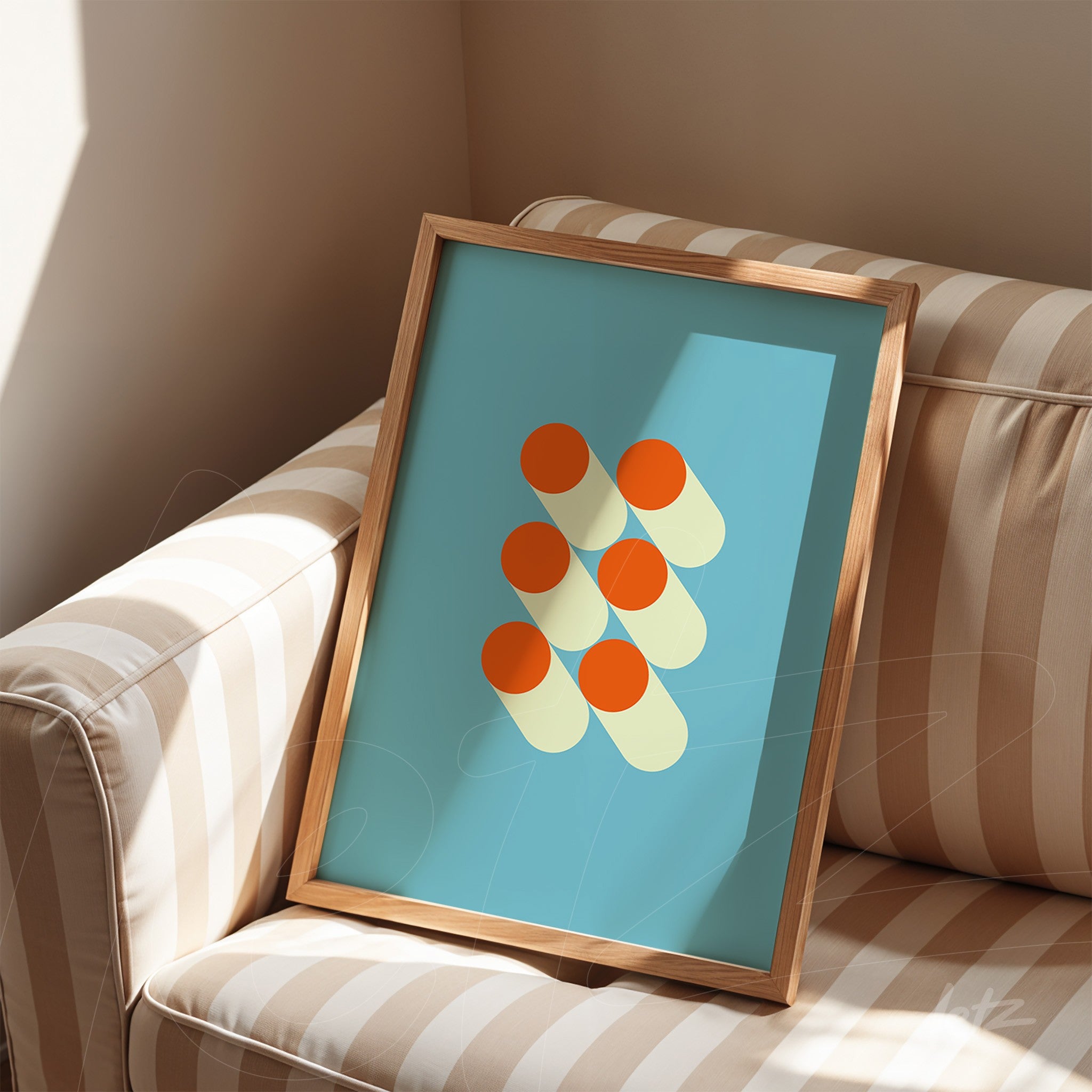 geometric art in wooden frame resting on striped sofa