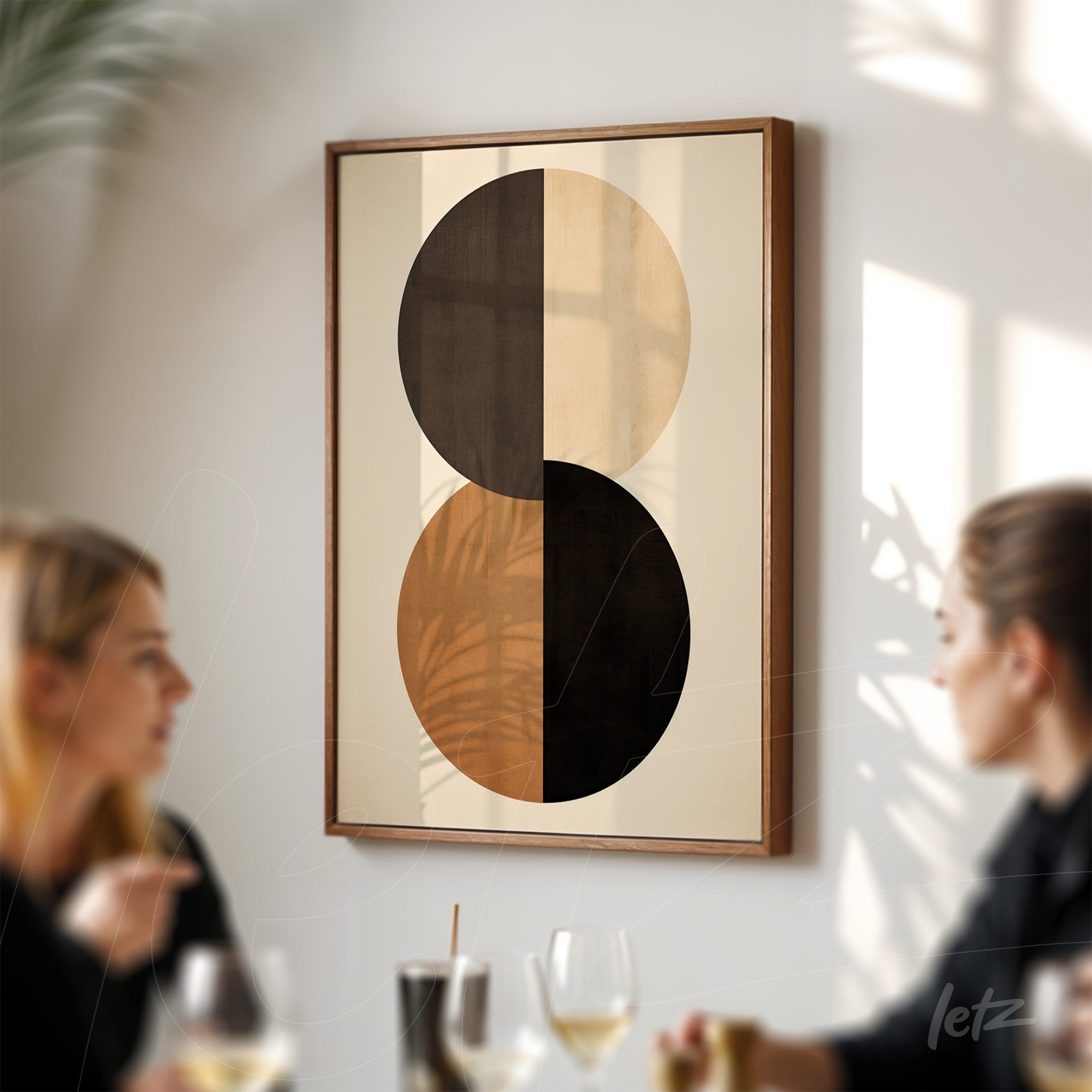abstract wall art in brown and black tones with wooden frame