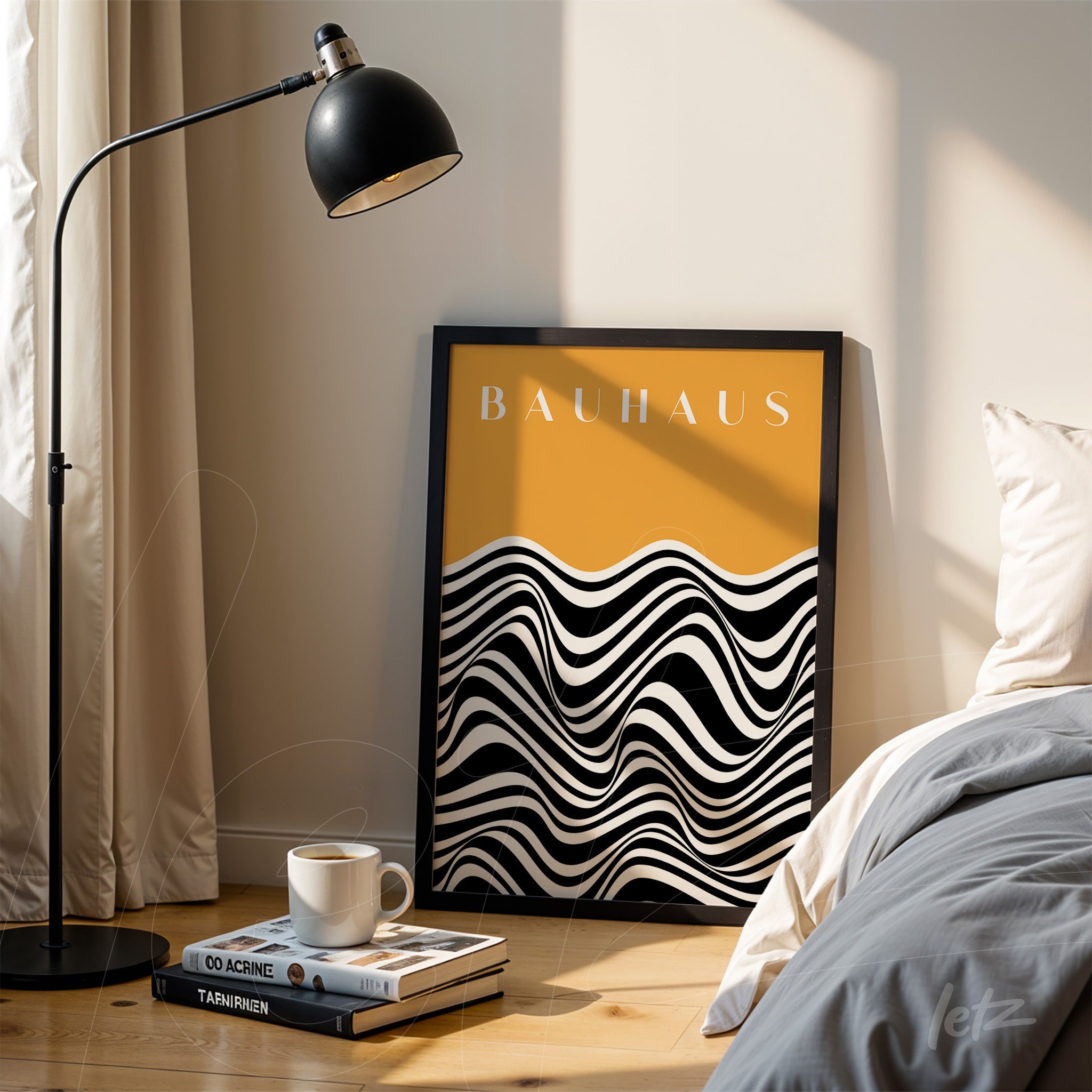 retro style art on wooden floor with black and white wavy design over mustard background in a black frame