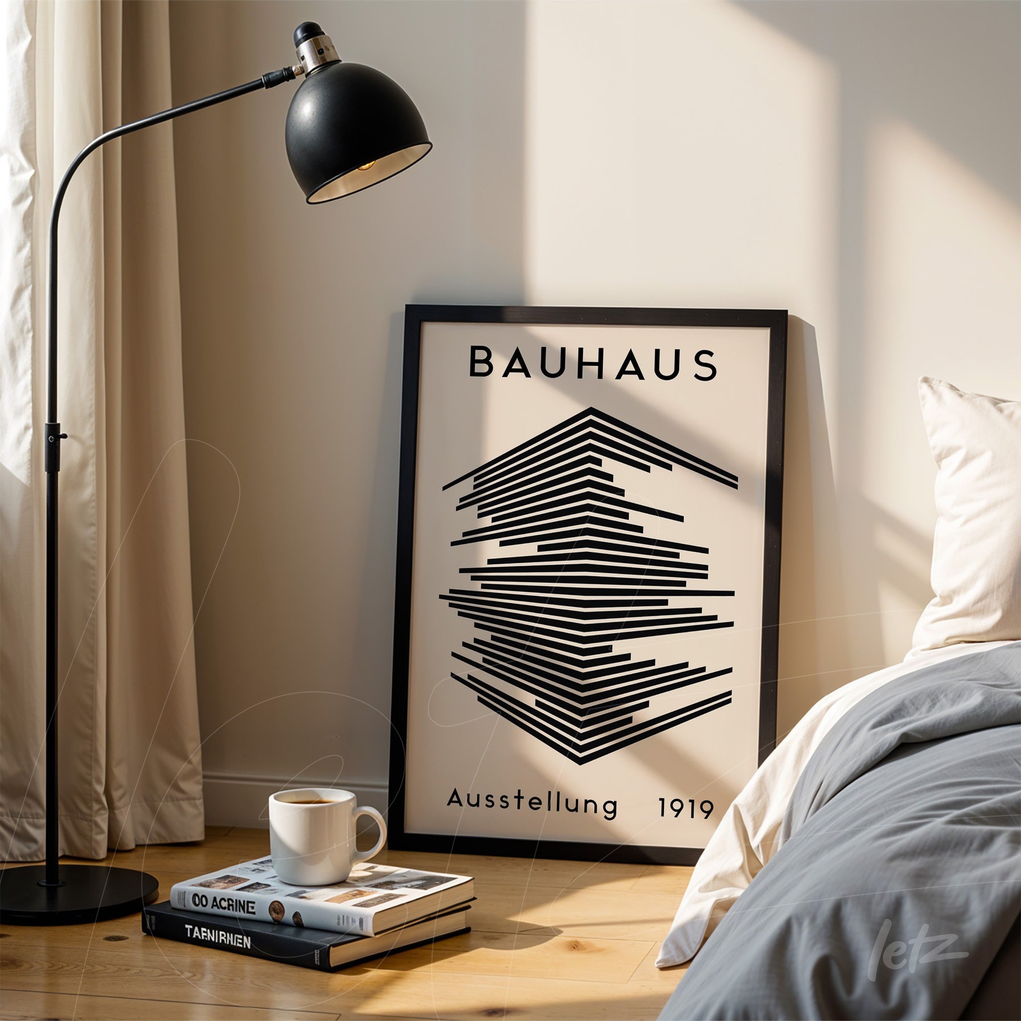 poster print with geometric Bauhaus style design leaning against a wall, featured in a thin black frame, in a room with light wood flooring and soft lighting