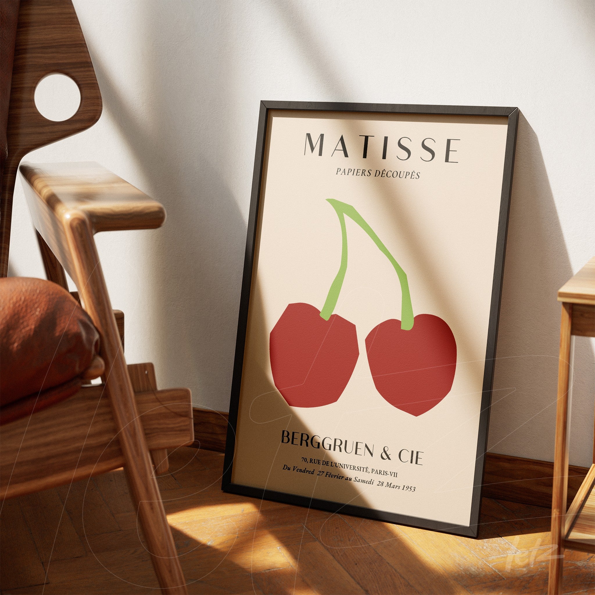 framed modern art featuring cherries in red and green with a light background