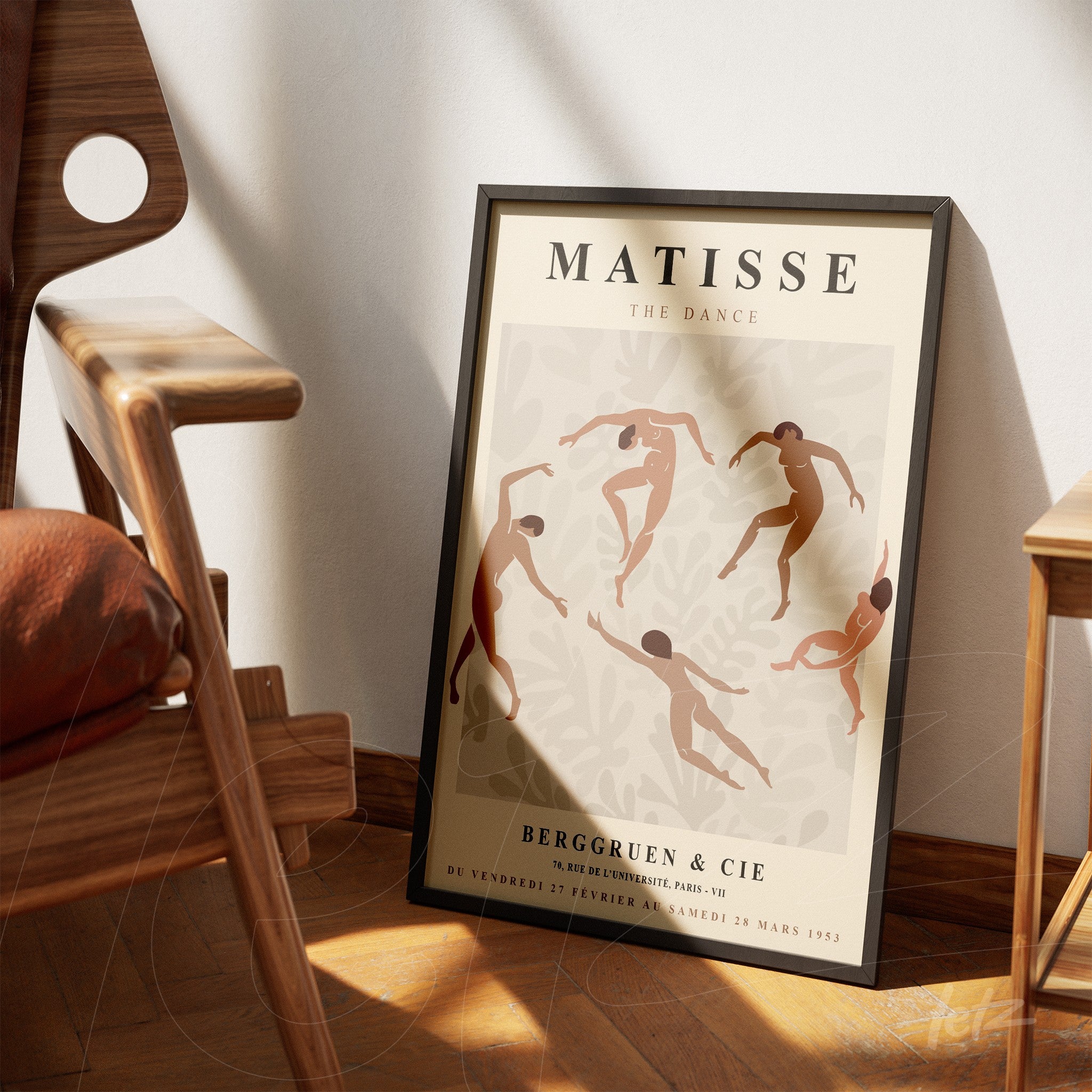 framed wall art inspired by Matisse featuring dancing human figures in motion against a light background with leaf patterns