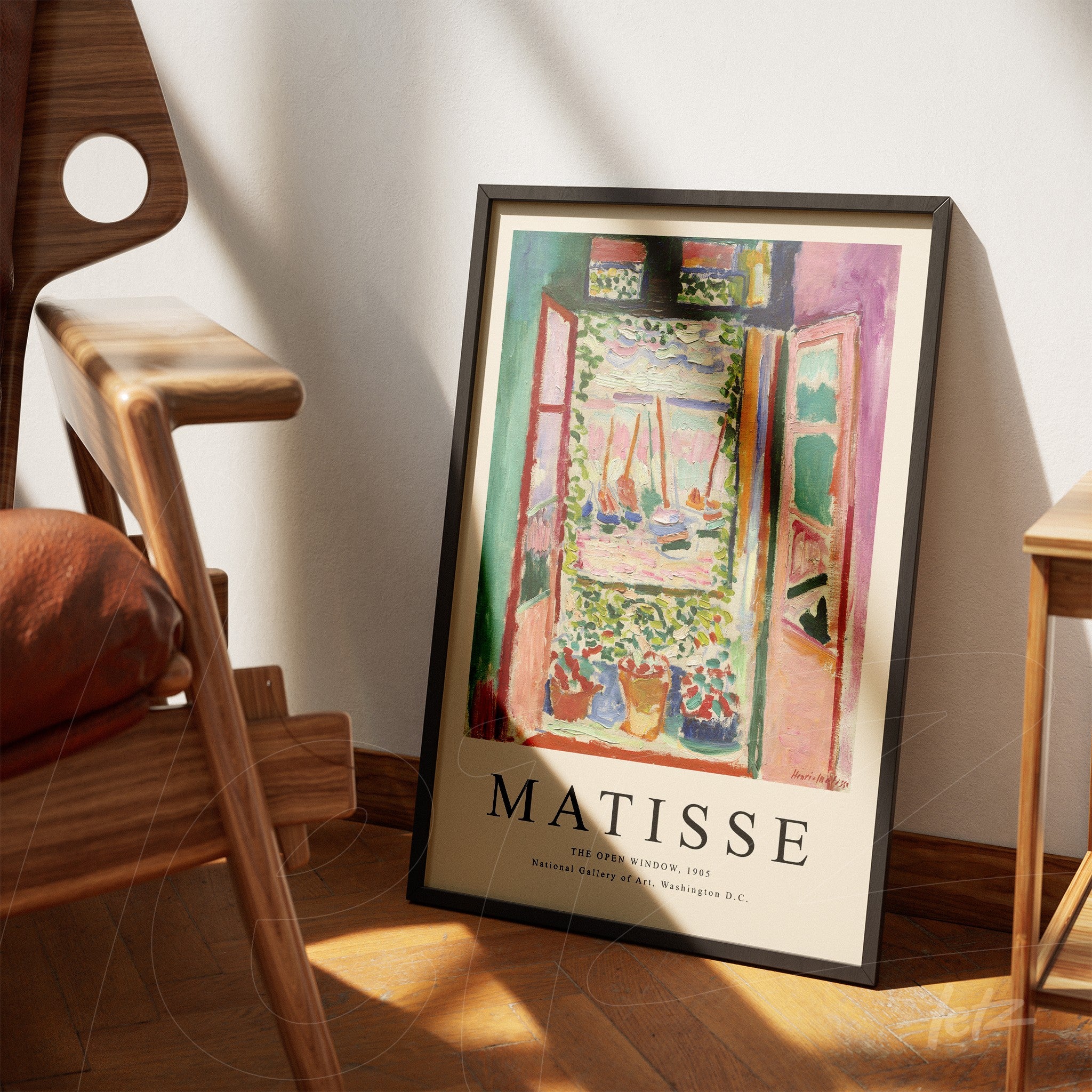 framed art print of a colorful window by Matisse featuring flower pots