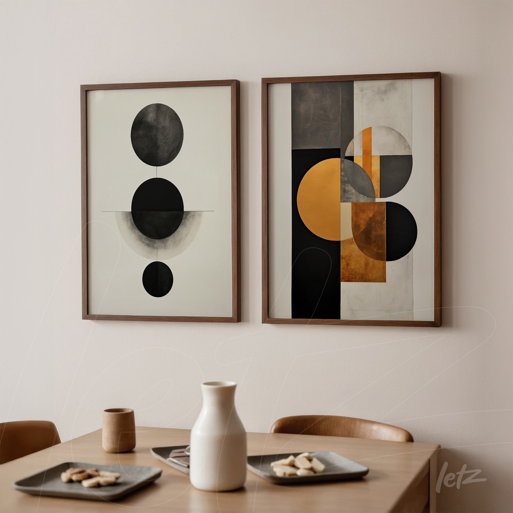 composition of two framed abstract artworks with wooden frames, one featuring black and white circles and the other showcasing geometric shapes in orange and black