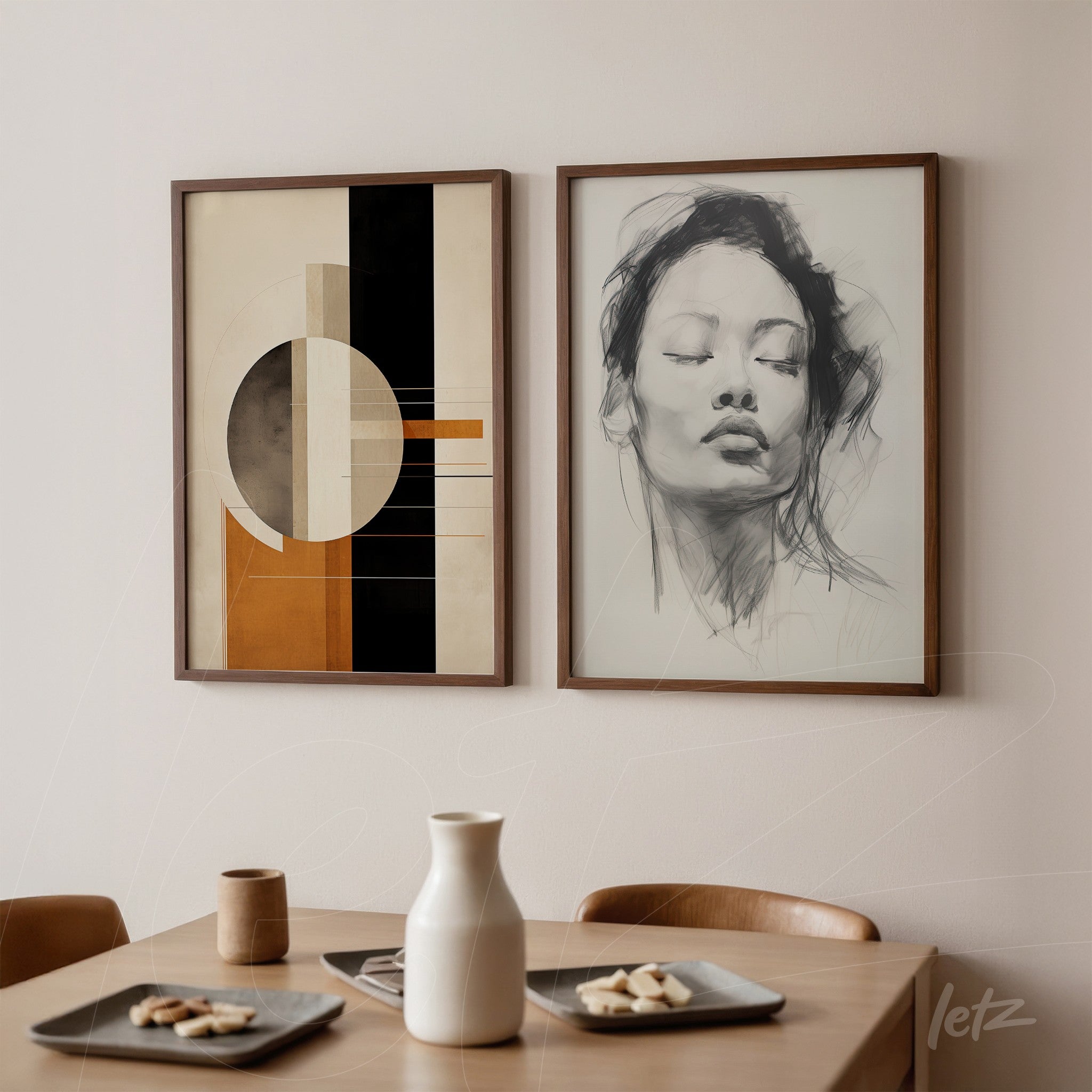 composition with two framed artworks in light wood, one features abstract art in earthy tones and the other a delicate illustration of a female face