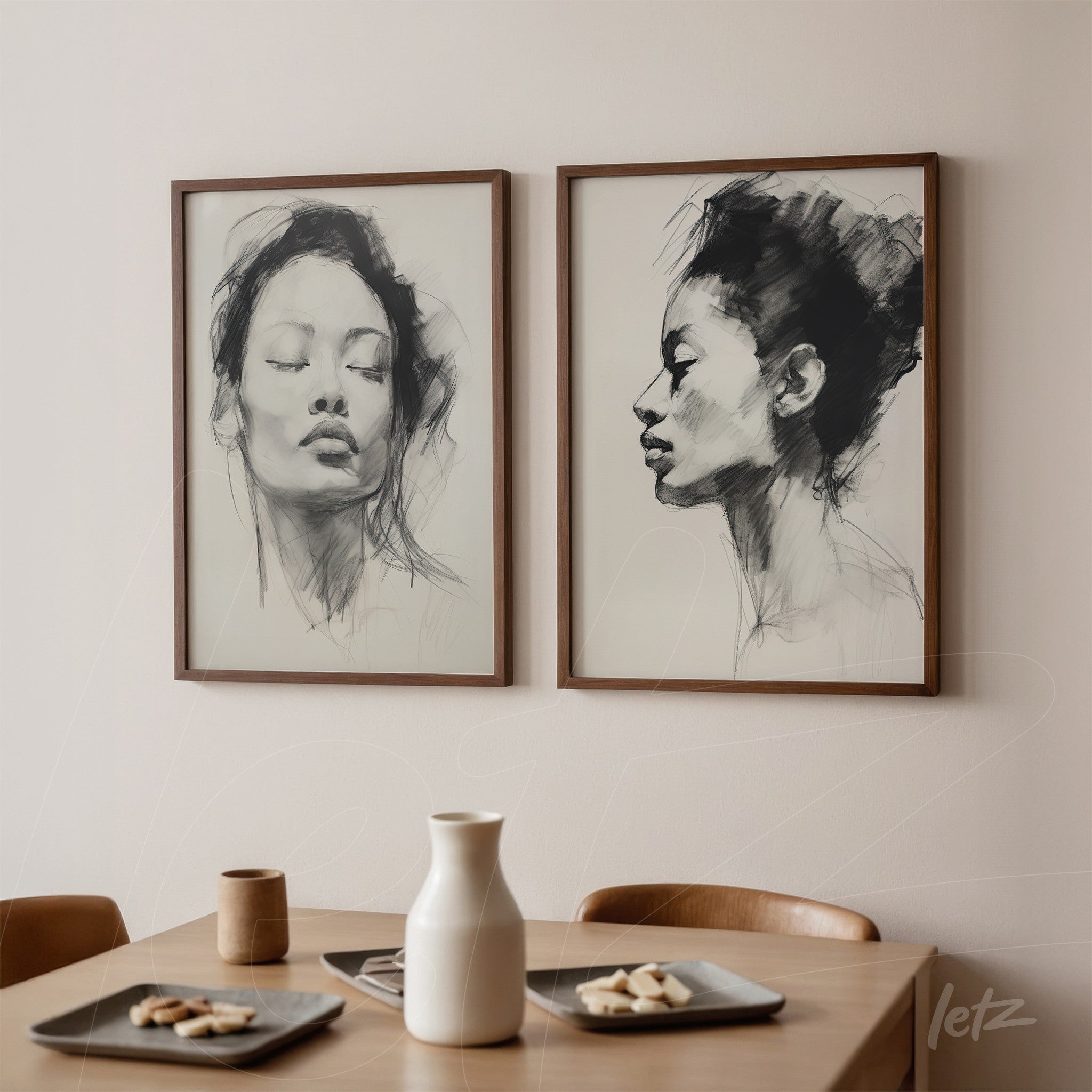 set of two framed artworks featuring black and white female profile sketches in light wood frames displayed in a minimalist room