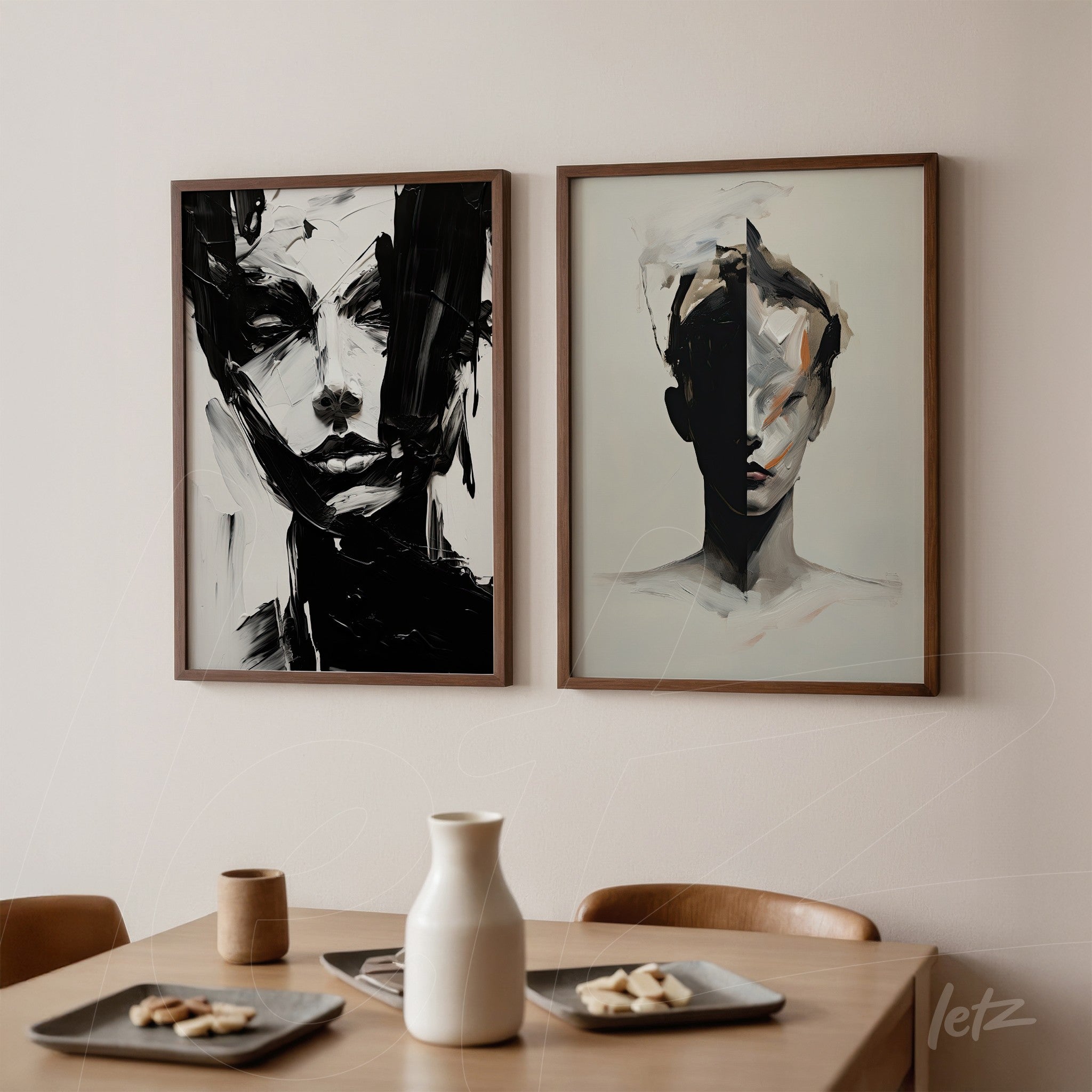collection of framed abstract portraits featuring a black and white female face on one canvas and a minimalistic human figure on a neutral background in a light wooden frame