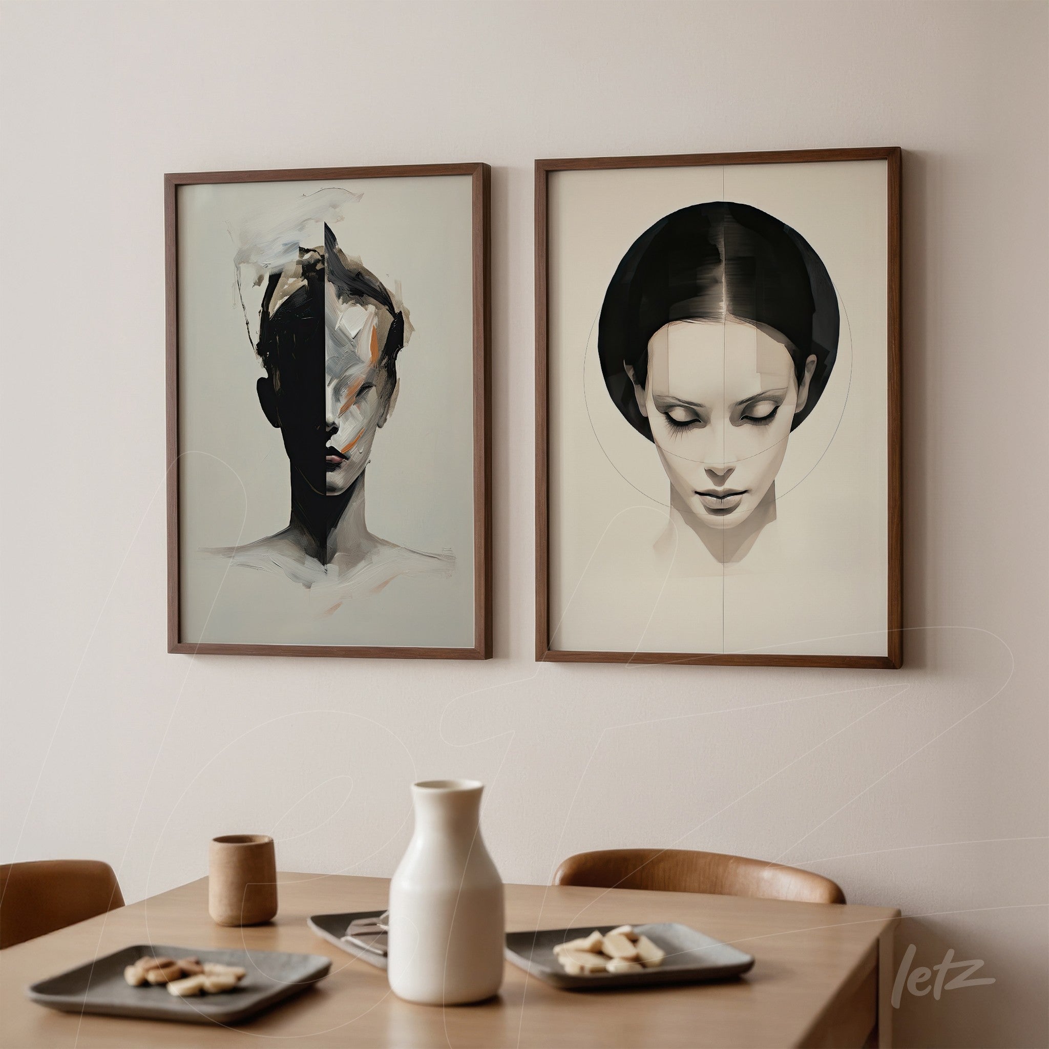 series of modern framed artwork featuring minimalist portraits with light wooden frame on neutral wall