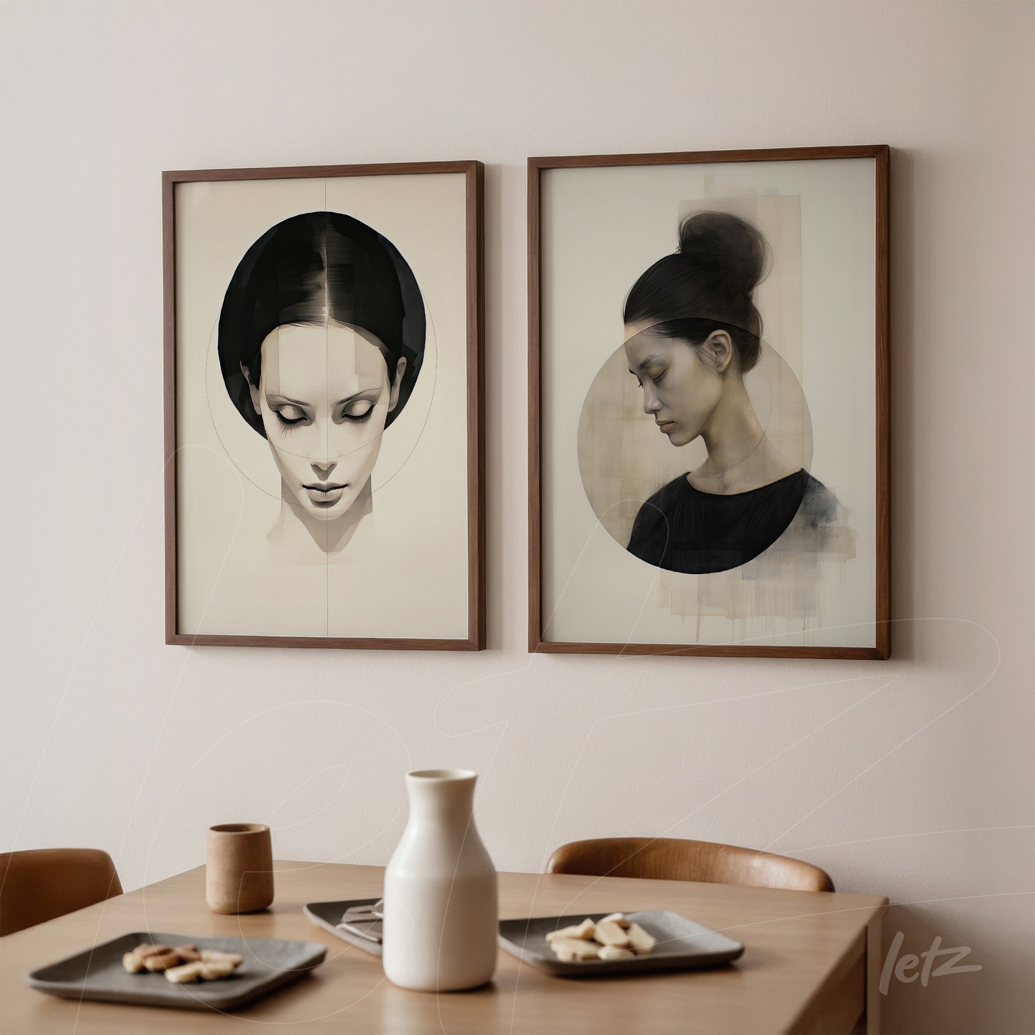 composition of framed artworks featuring female portraits with light wood frames, one with a soft background and circle, the other in neutral tones with shadow effect
