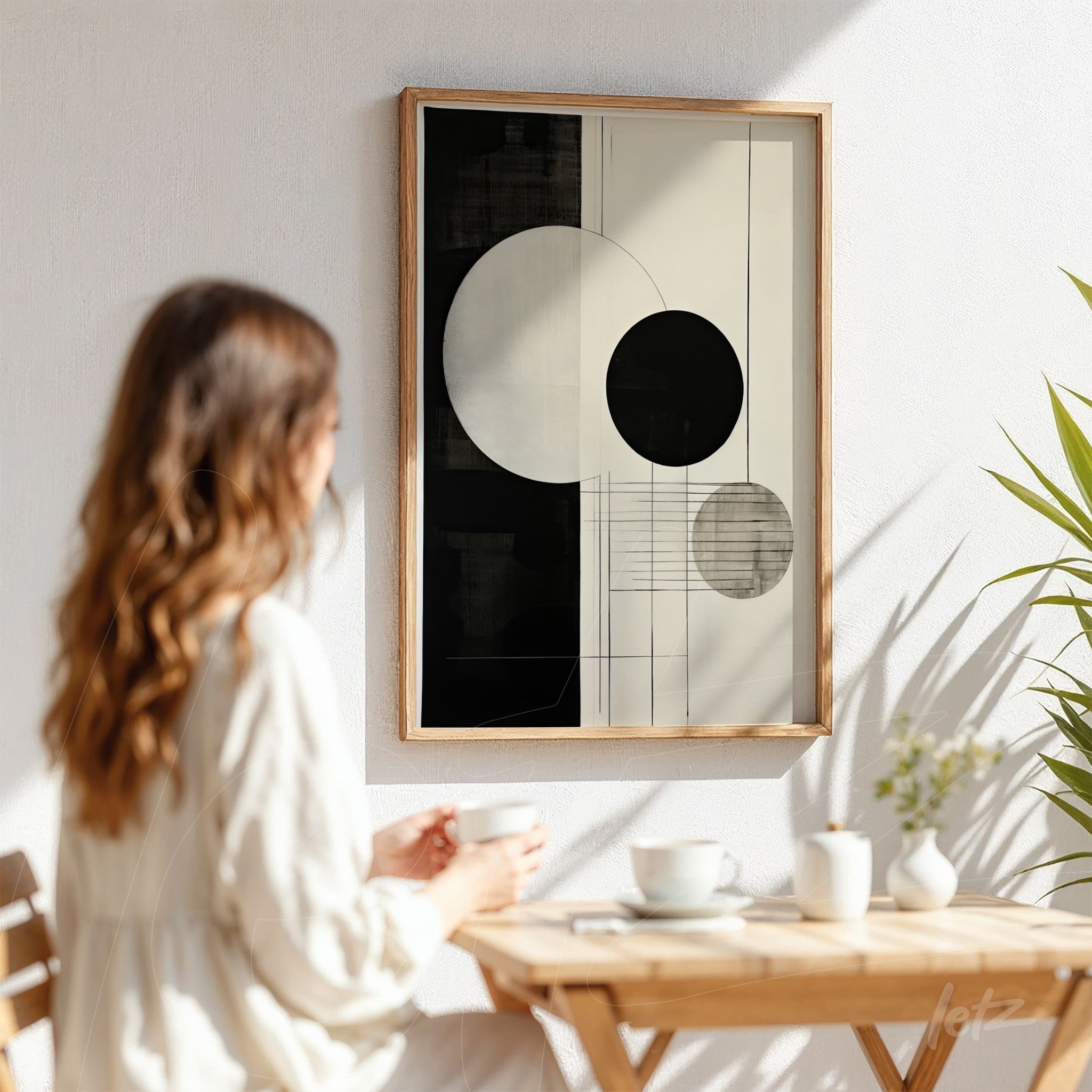 abstract wall art in black and white with light wood frame displayed on a white wall featuring large and small circles in geometric composition