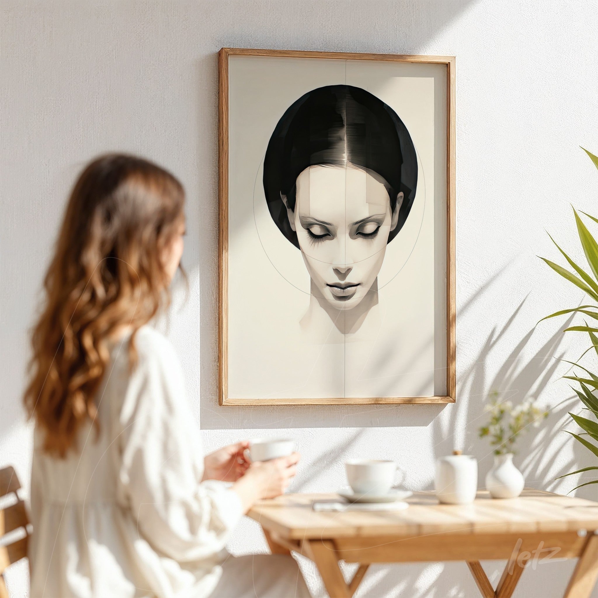 abstract portrait artwork of a woman with dark hair in light wooden frame displayed on a white wall