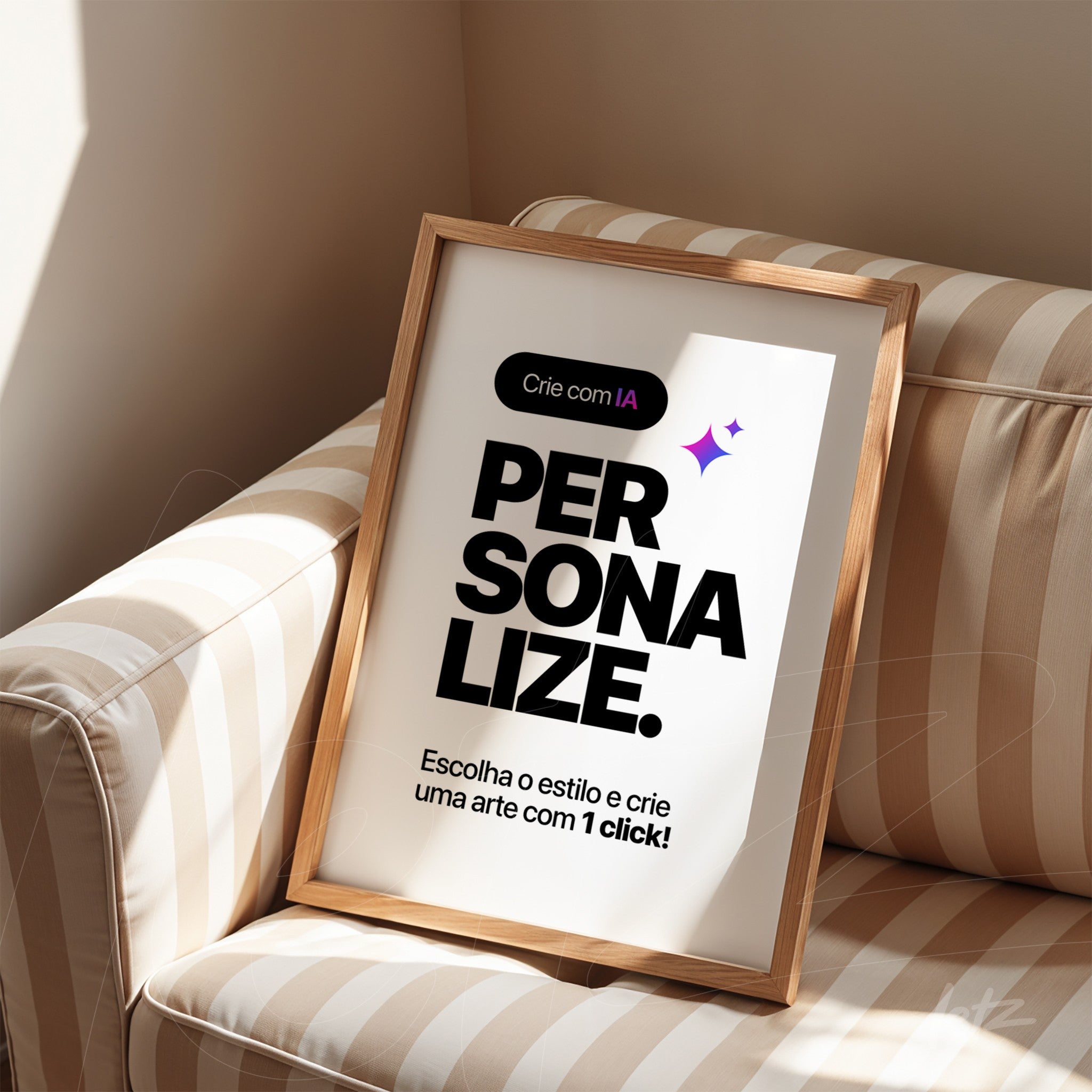 framed wall art featuring a white background with bold black text proclaiming personalize, displayed on a striped couch