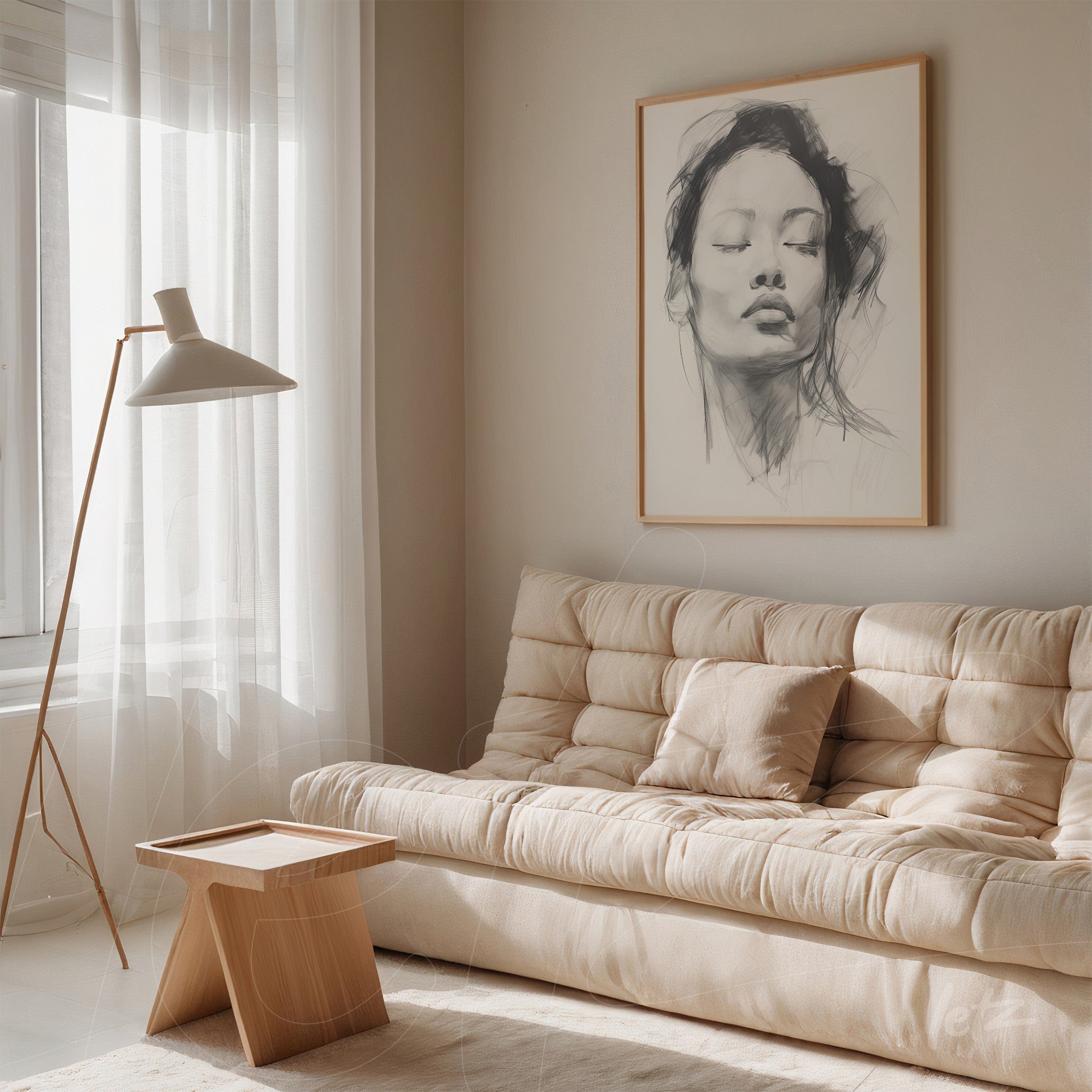 framed minimalist portrait of a woman above a beige upholstered sofa in a bright living room