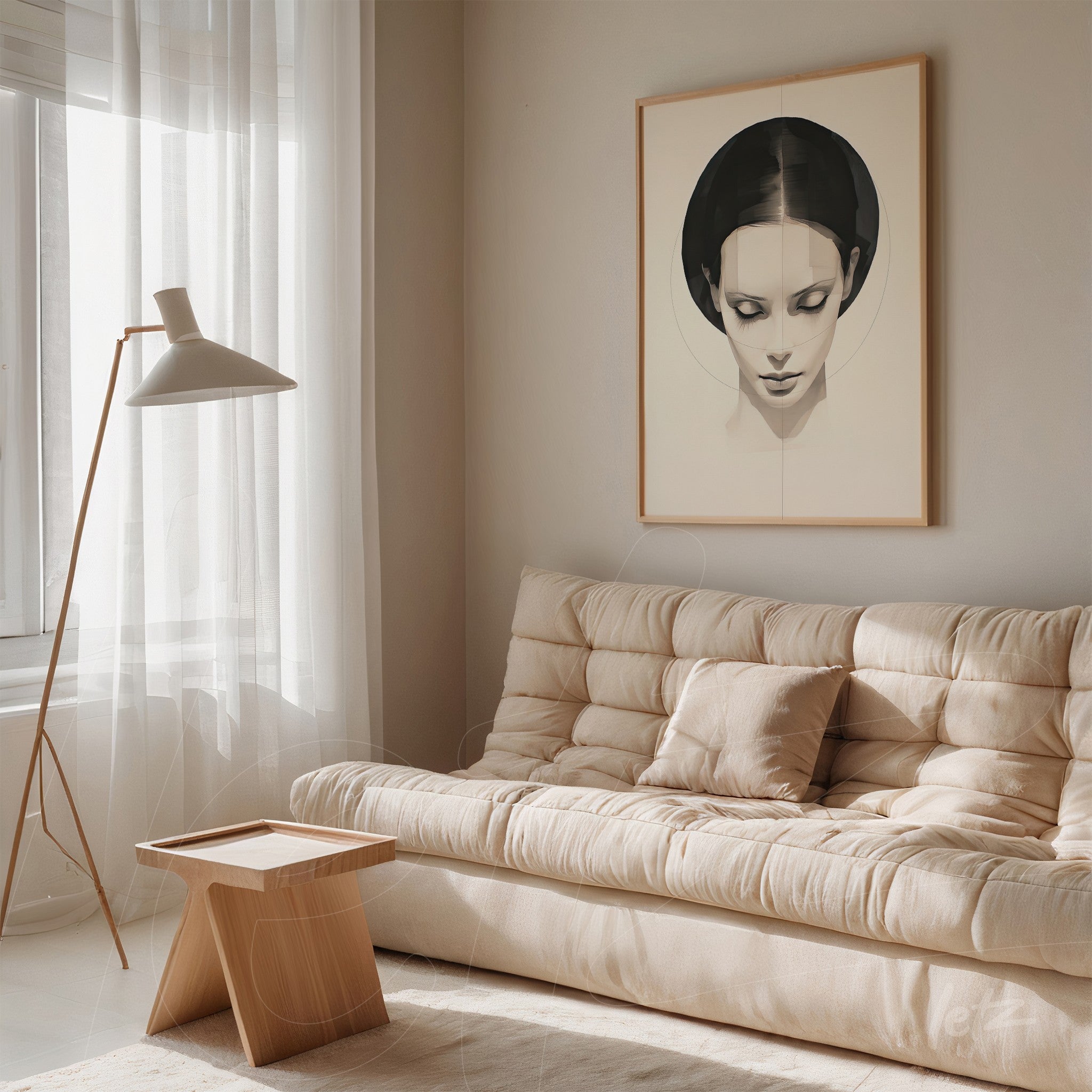 minimalist framed art of a female face displayed in a cozy contemporary living space